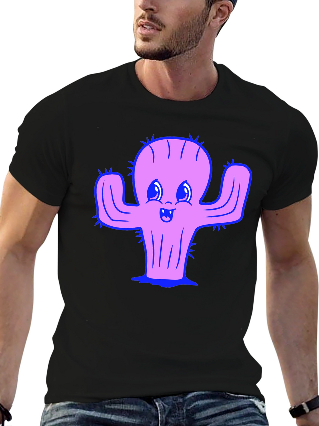 Camiseta Negra con Diseño de Cactus Sonriente