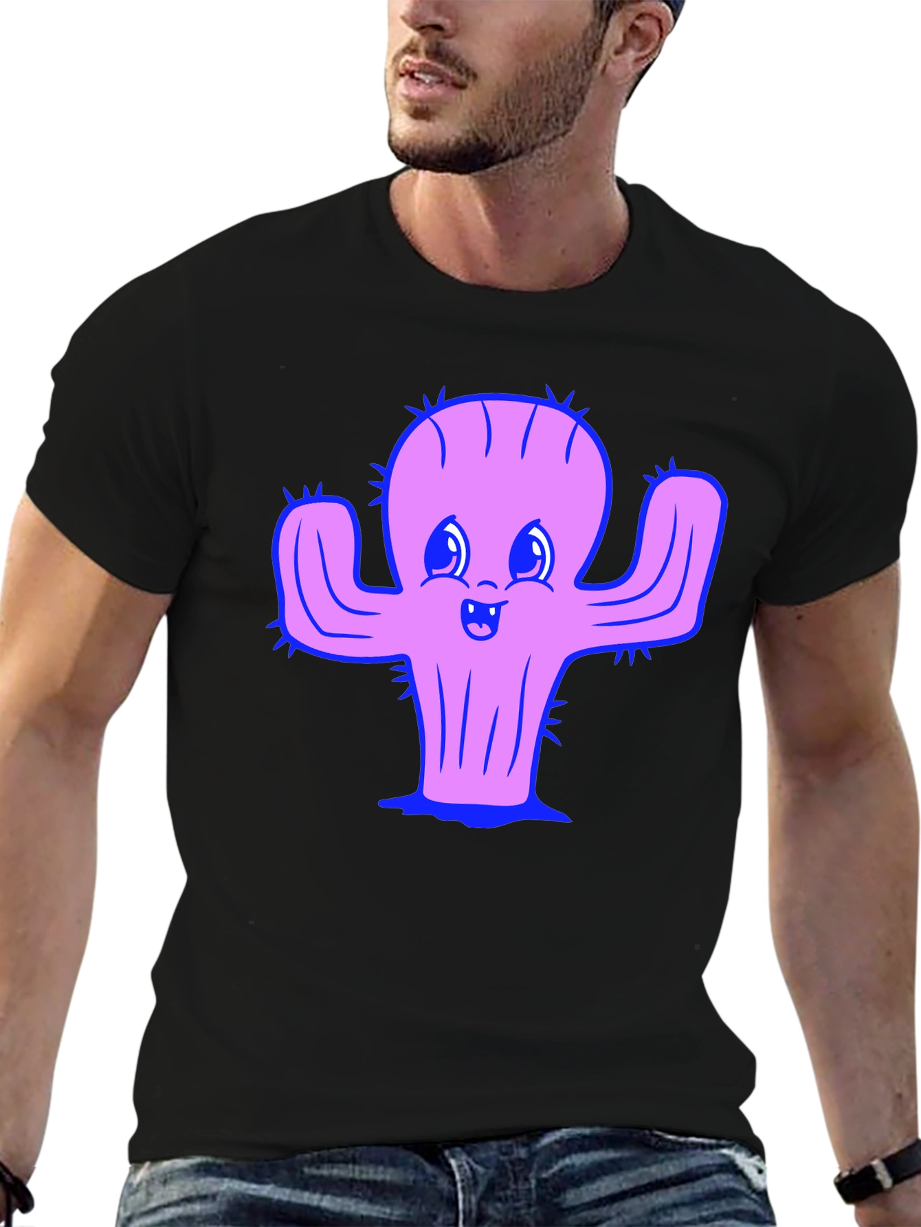 Camiseta Negra con Diseño de Cactus Sonriente