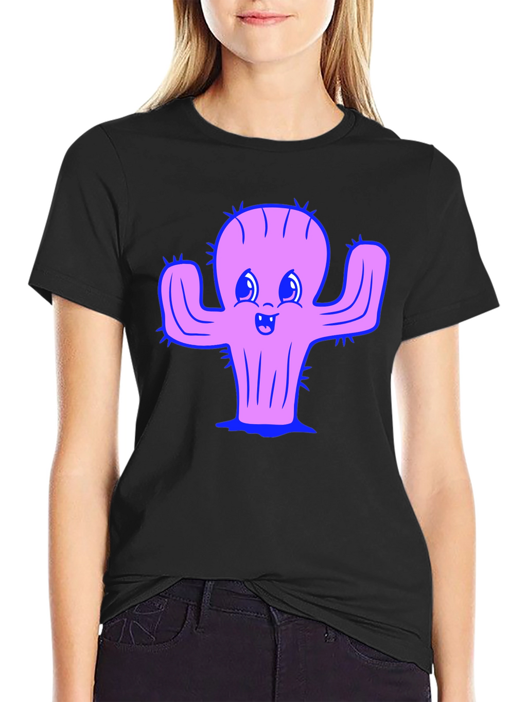 Camiseta Negra con Diseño de Cactus Sonriente