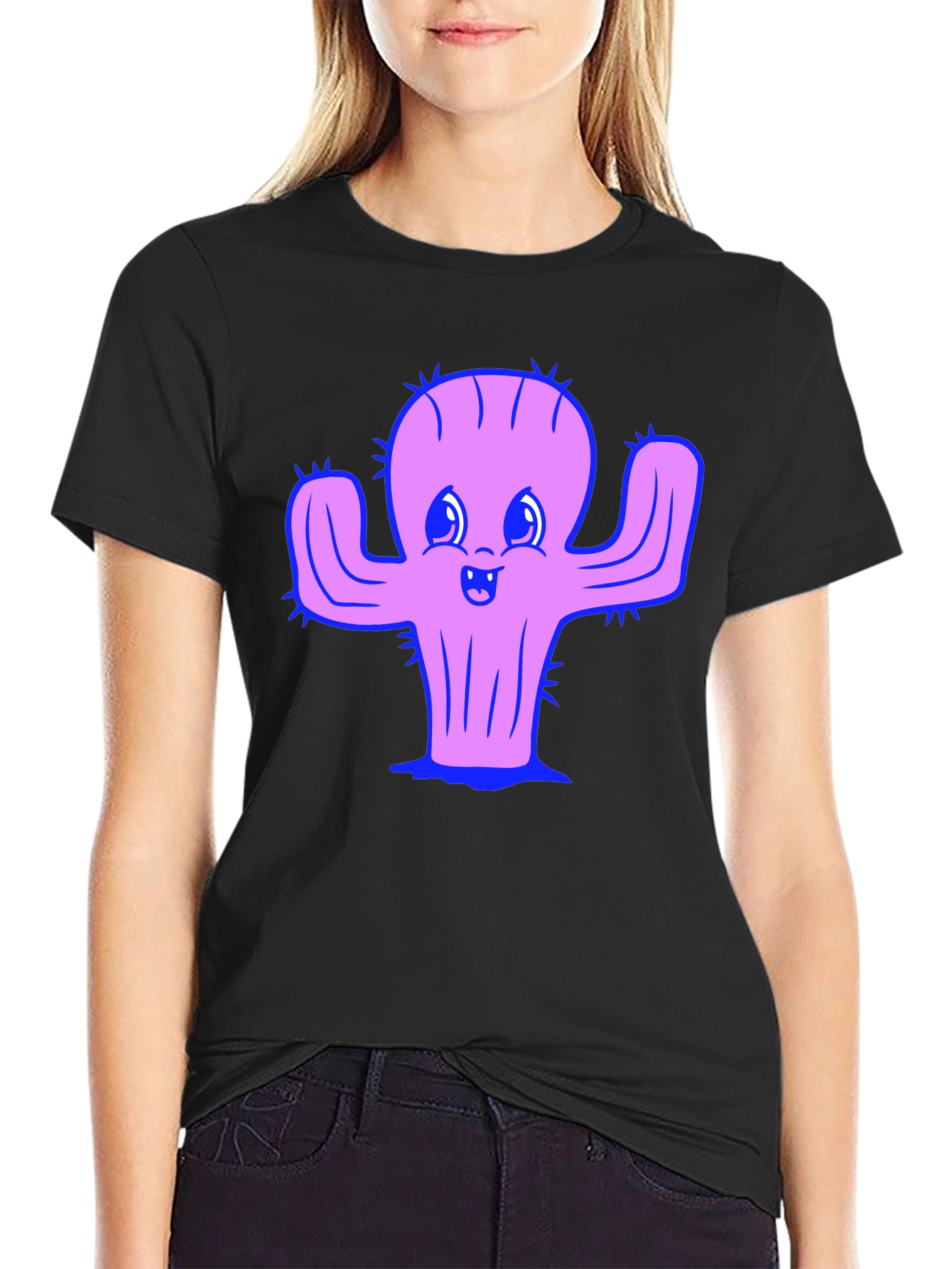 Camiseta Negra con Diseño de Cactus Sonriente