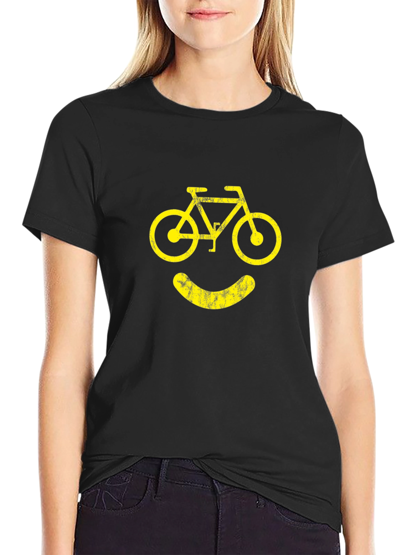 Camiseta Negra con Diseño de Bicicleta Sonriente