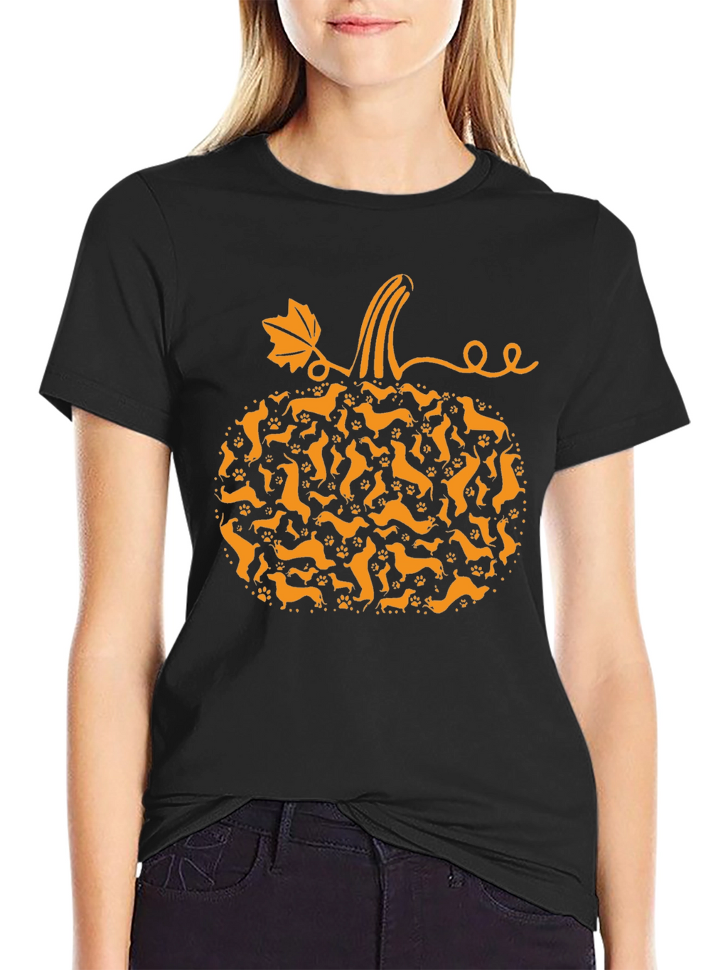 Camiseta Negra Calabaza Dachshund Otoño