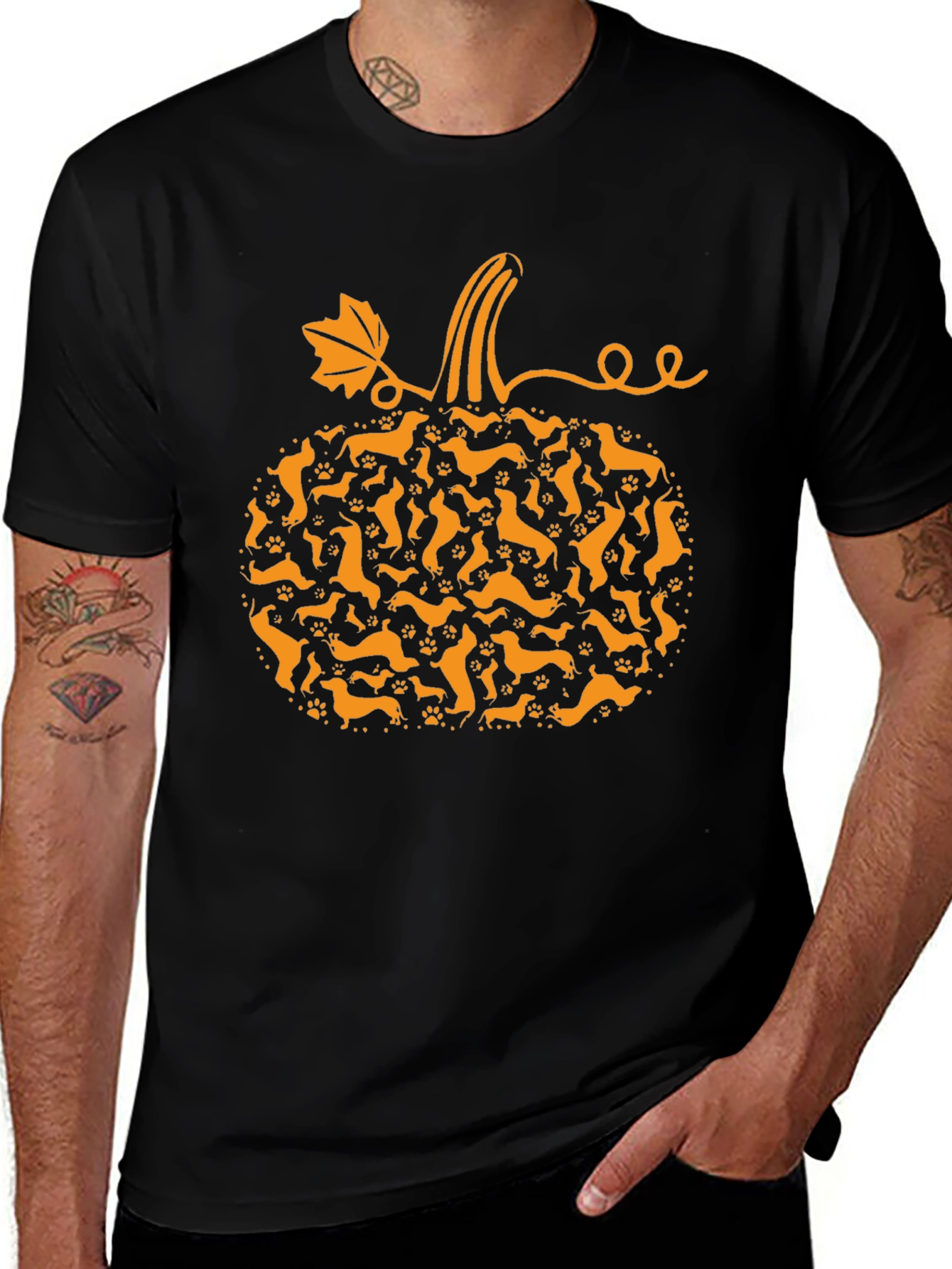 Camiseta Negra Calabaza Dachshund Otoño