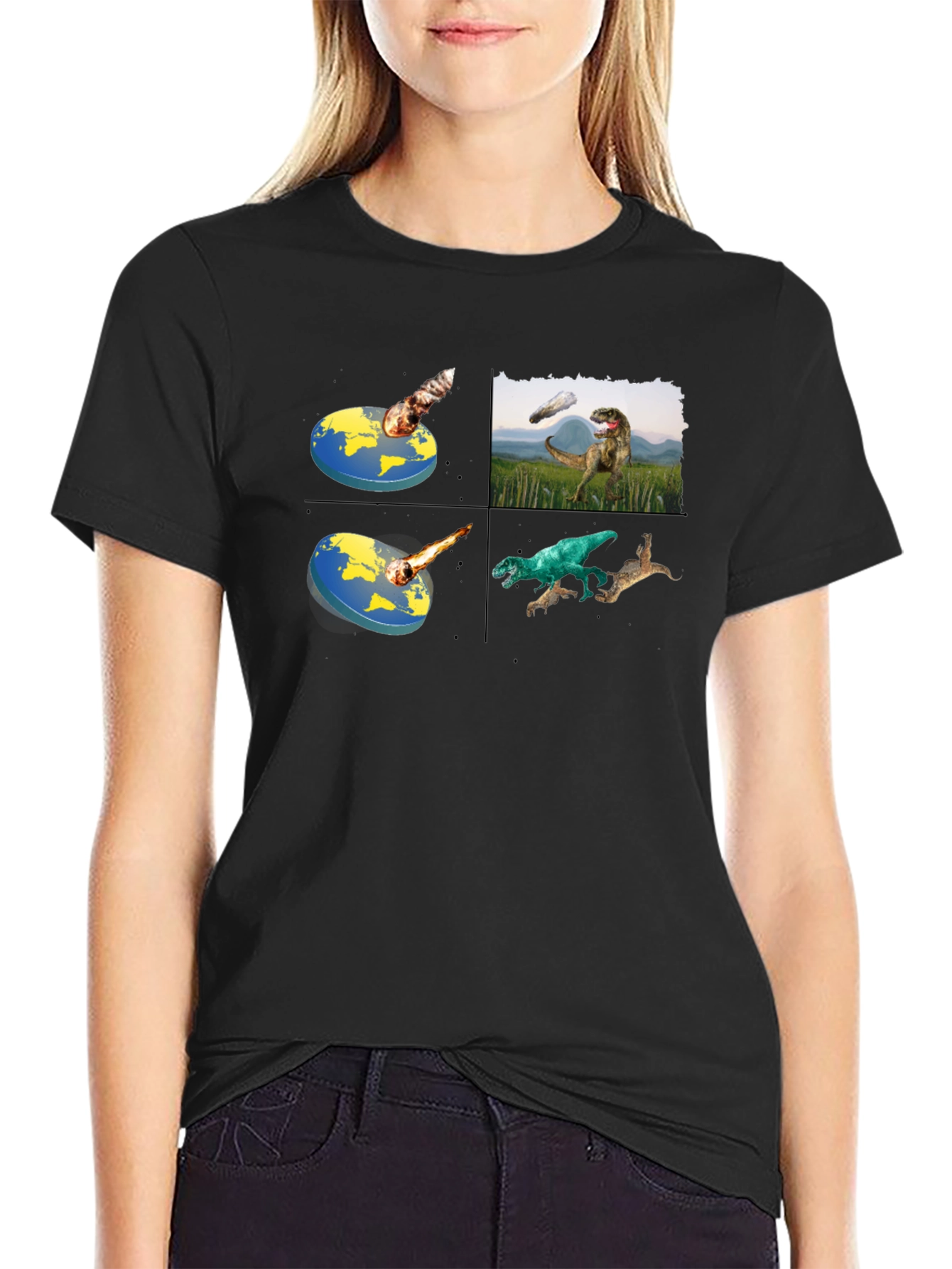 Camiseta Negra con Diseño de Dinosaurios y Tierra Plana