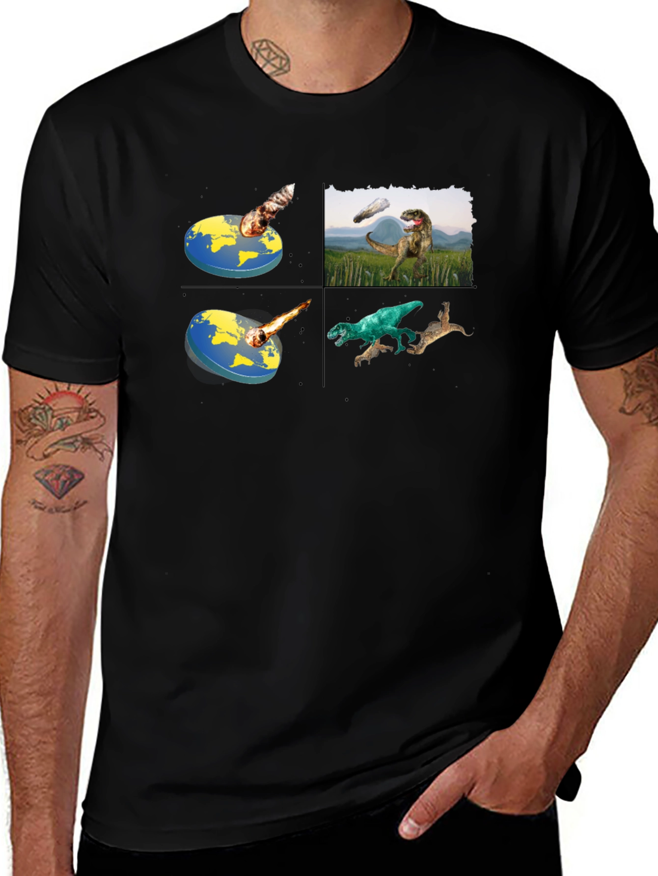 Camiseta Negra con Diseño de Dinosaurios y Tierra Plana