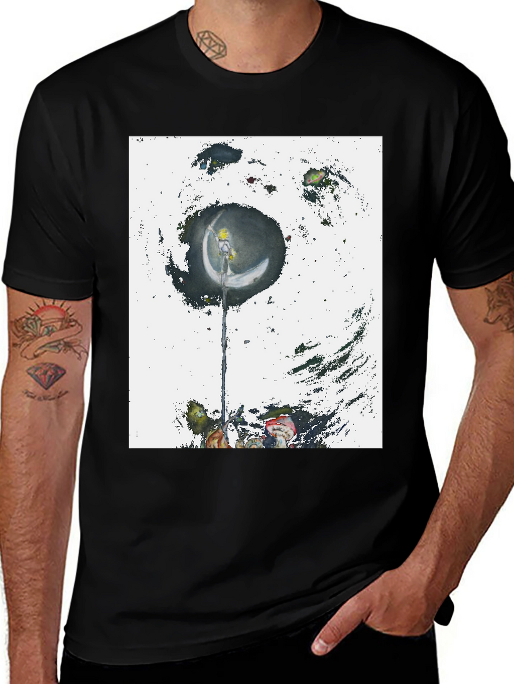 Camiseta Negra con Diseño Artístico de Luna