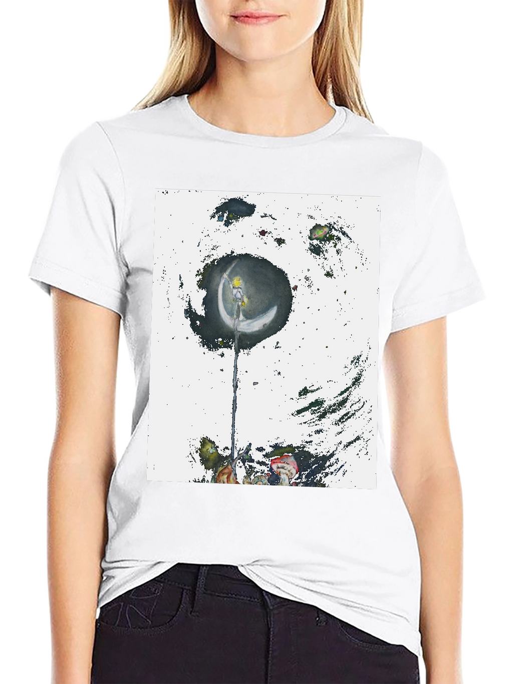 Camiseta Negra con Diseño Artístico de Luna