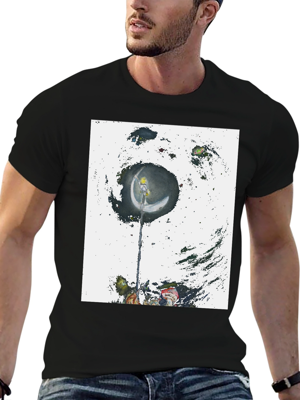 Camiseta Negra con Diseño Artístico de Luna