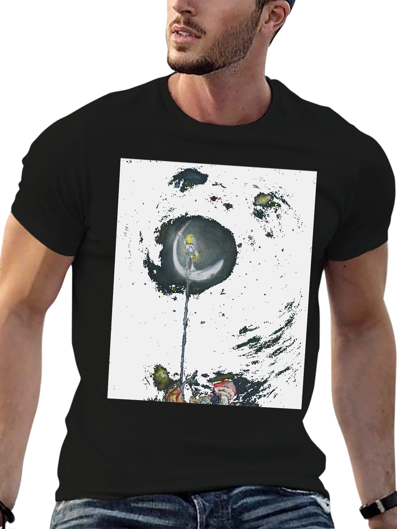 Camiseta Negra con Diseño Artístico de Luna