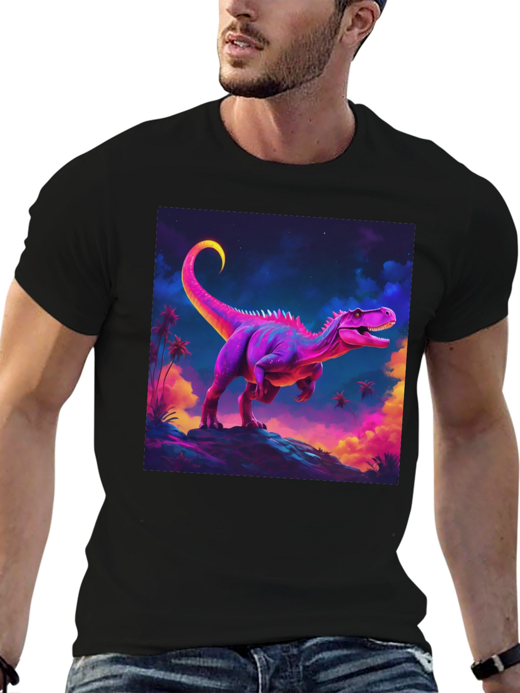 Camiseta Negra con Diseño de Dinosaurio Neón