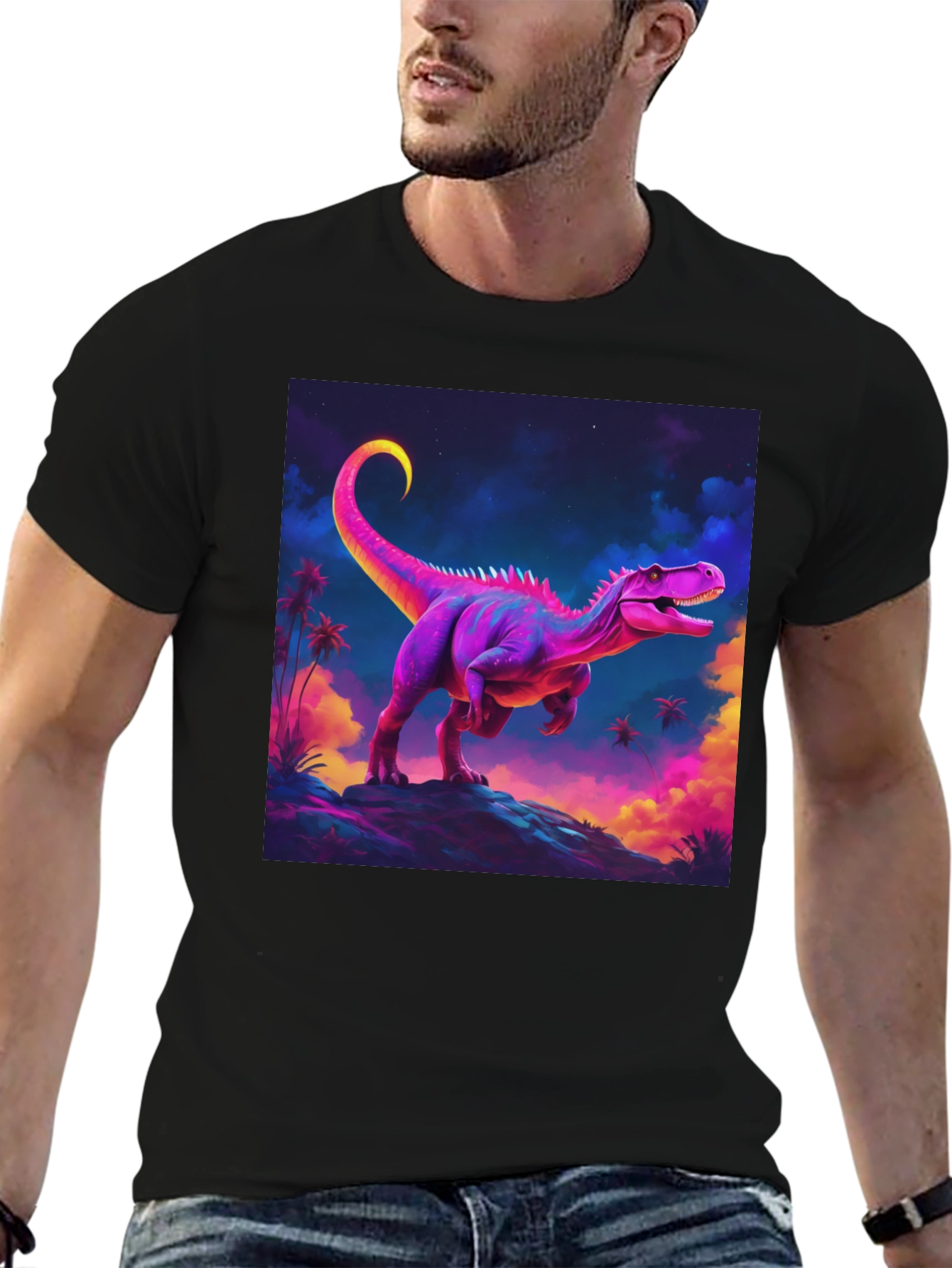 Camiseta Negra con Diseño de Dinosaurio Neón