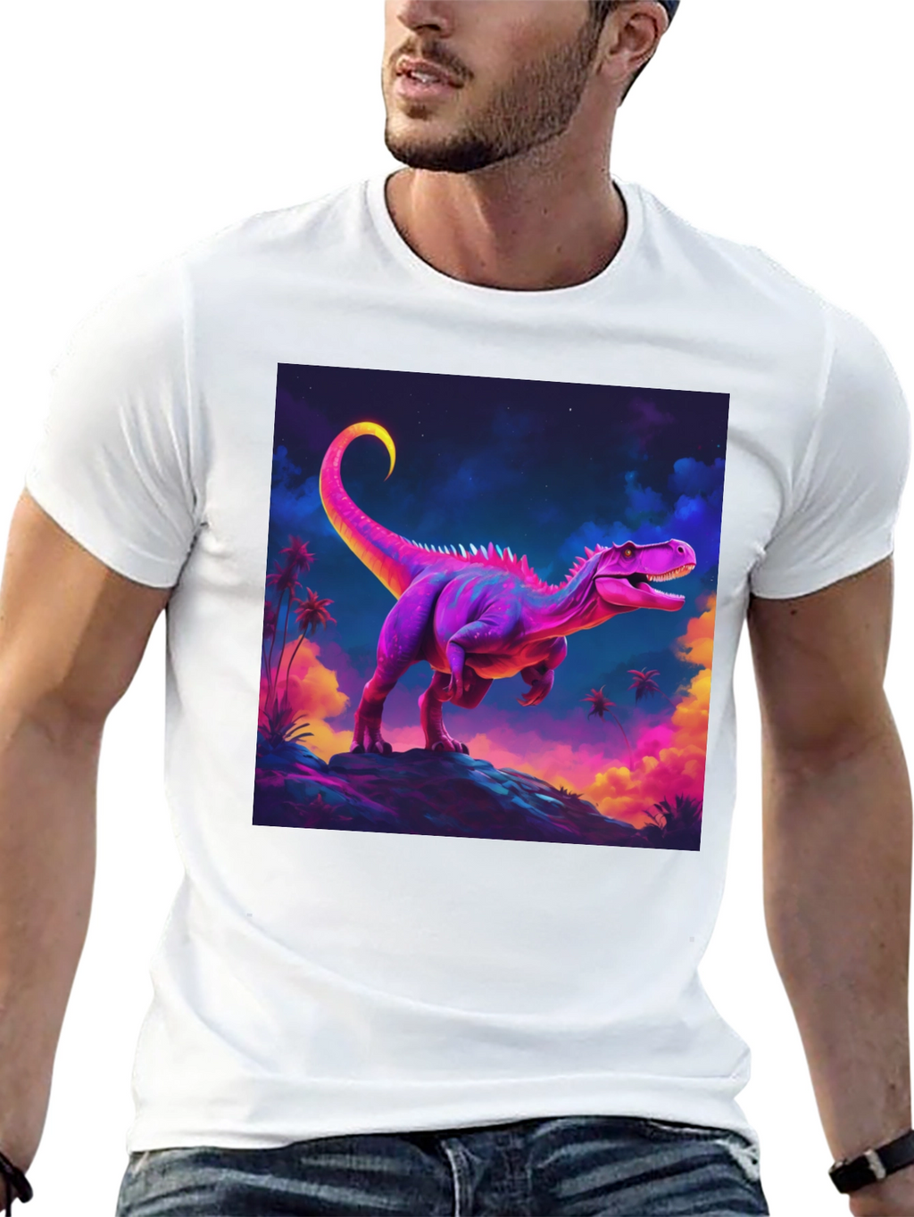 Camiseta Negra con Diseño de Dinosaurio Neón