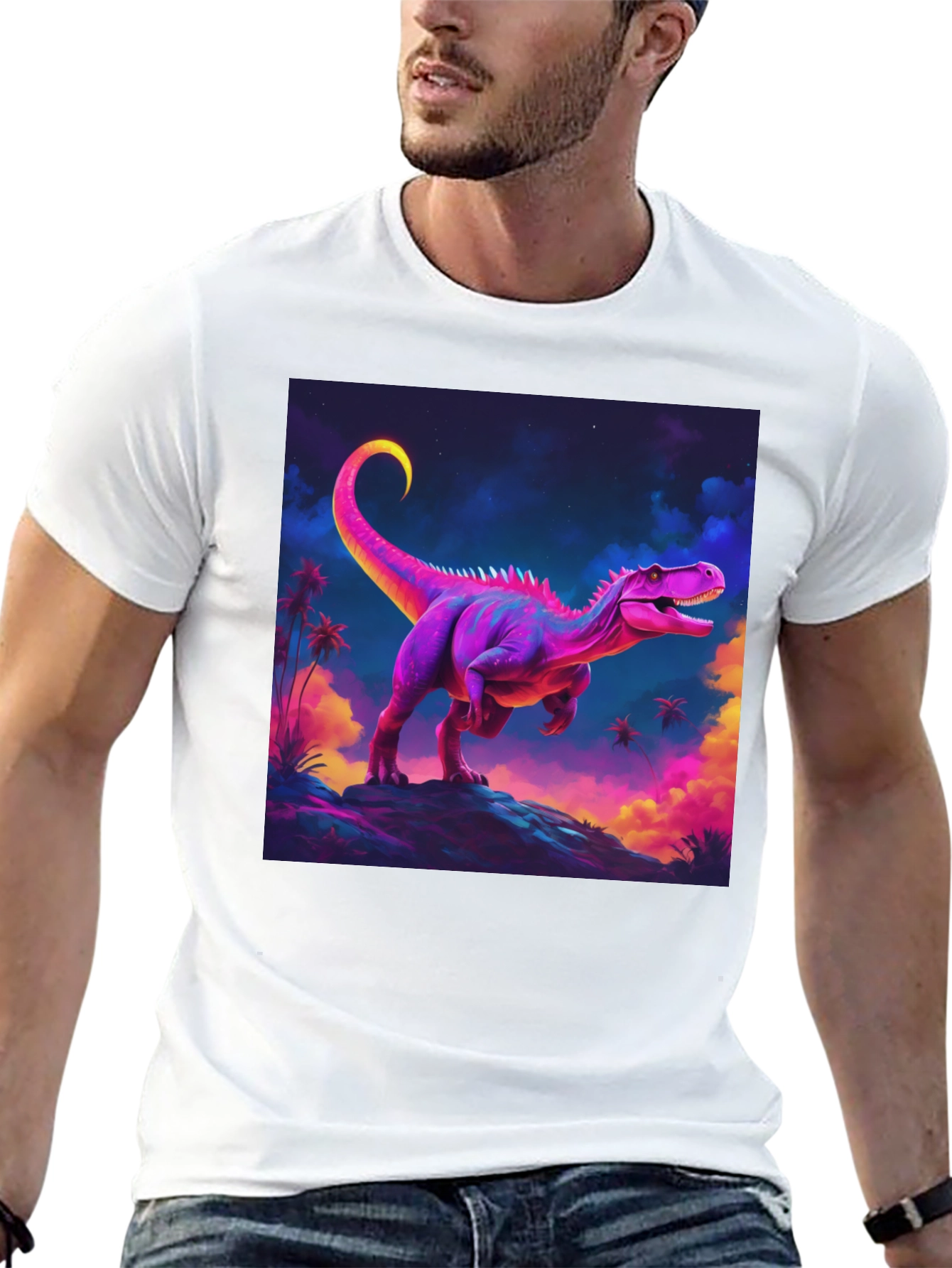 Camiseta Negra con Diseño de Dinosaurio Neón