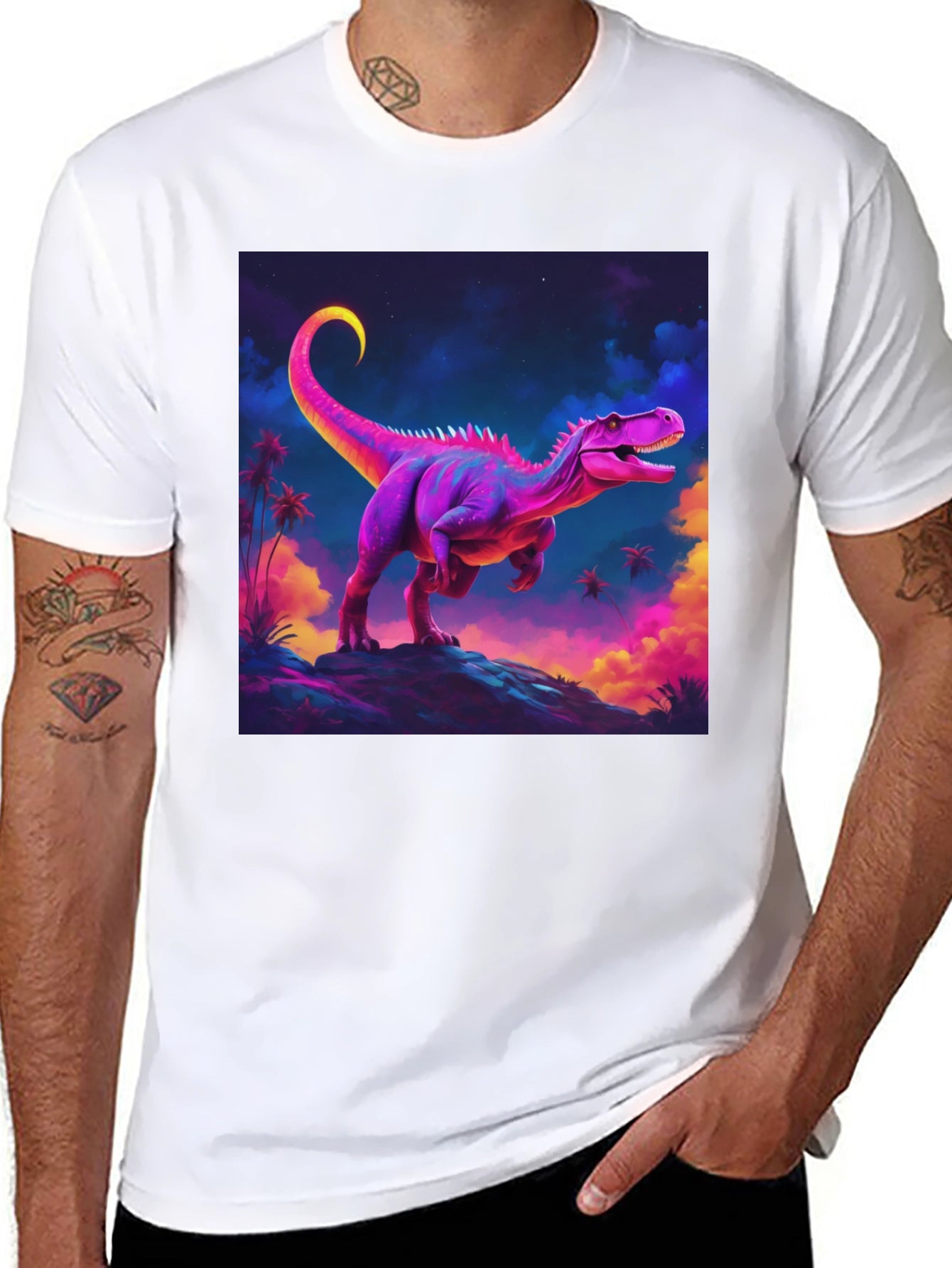 Camiseta Negra con Diseño de Dinosaurio Neón
