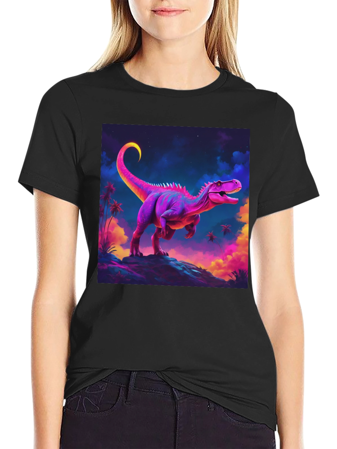 Camiseta Negra con Diseño de Dinosaurio Neón