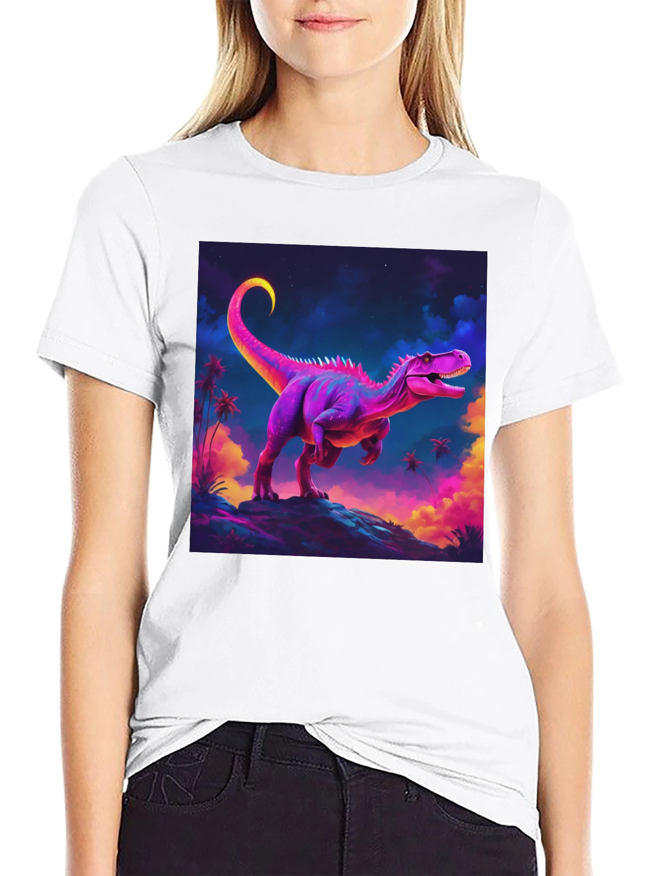 Camiseta Negra con Diseño de Dinosaurio Neón