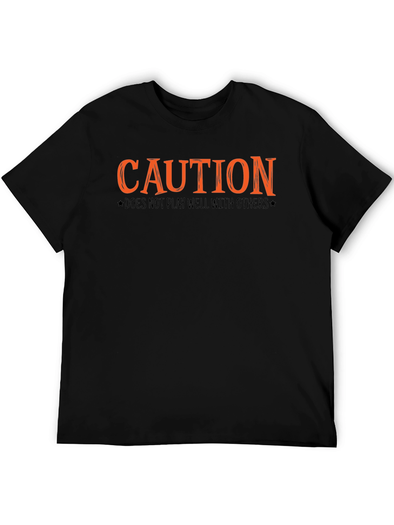 Camiseta Negra con Diseño Caution Naranja