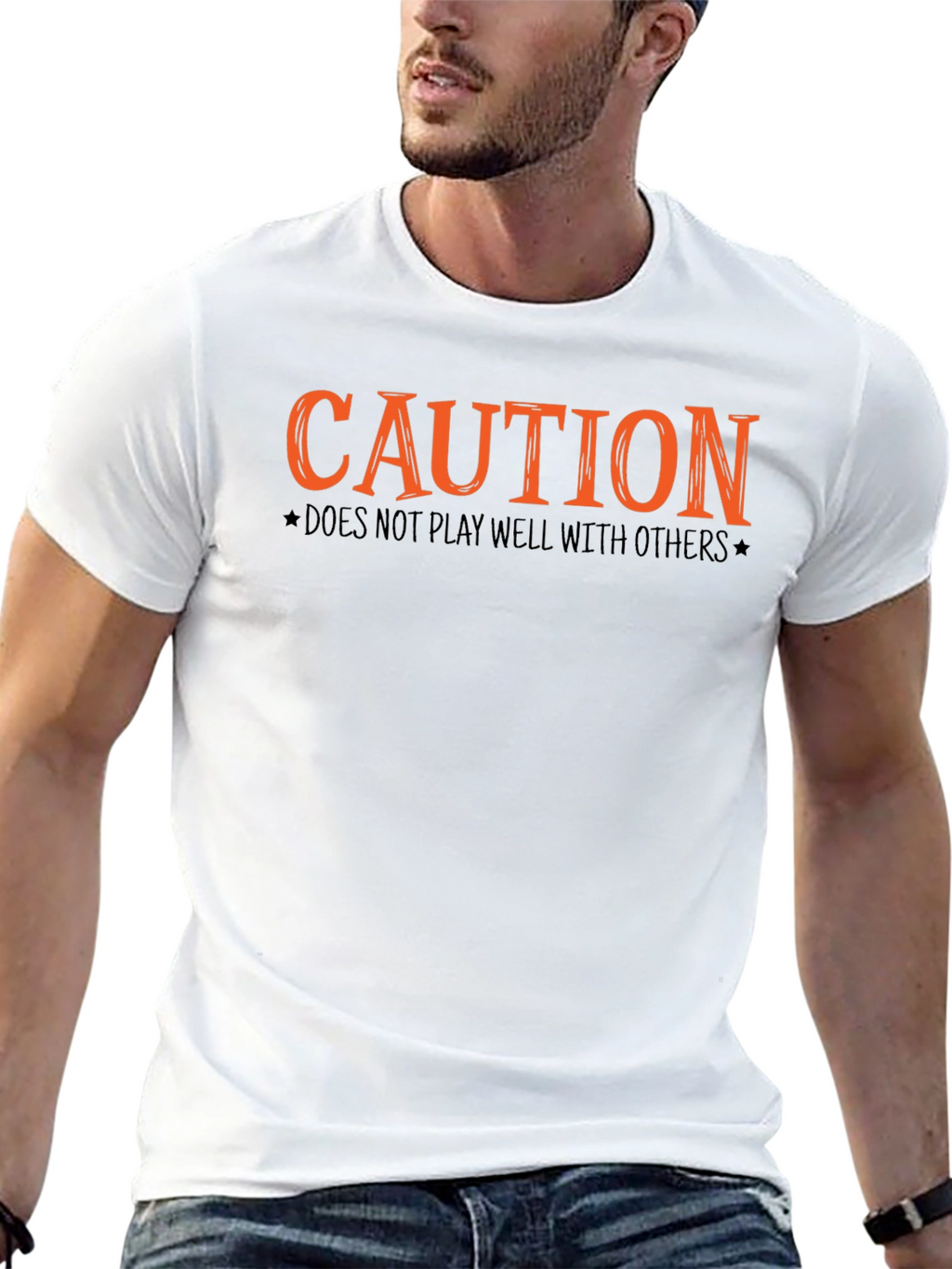 Camiseta Negra con Diseño Caution Naranja