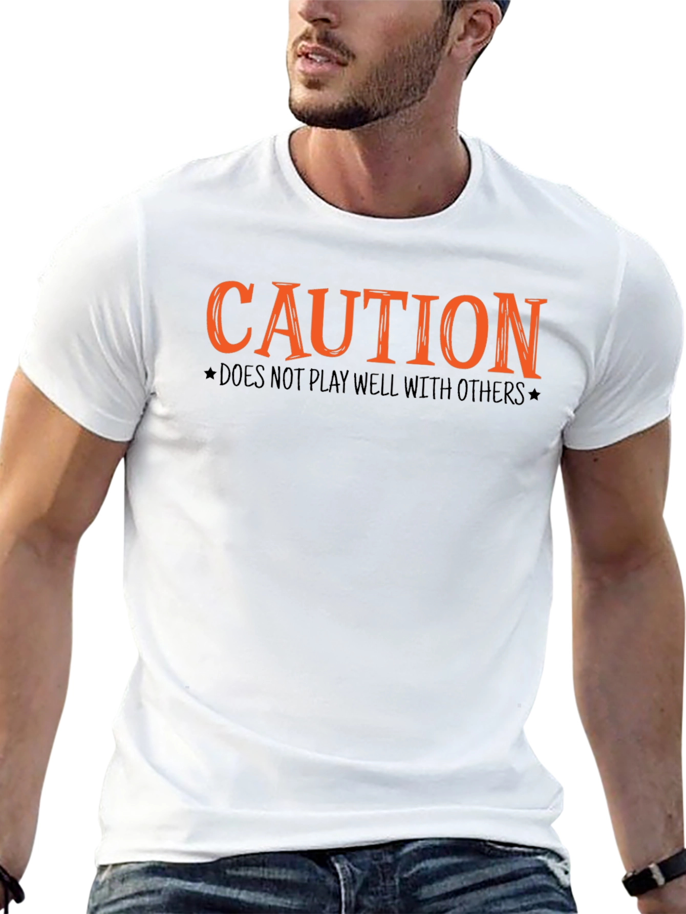 Camiseta Negra con Diseño Caution Naranja