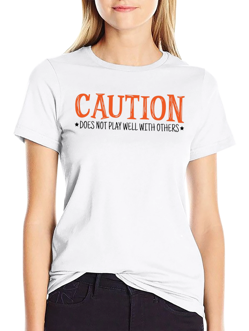 Camiseta Negra con Diseño Caution Naranja