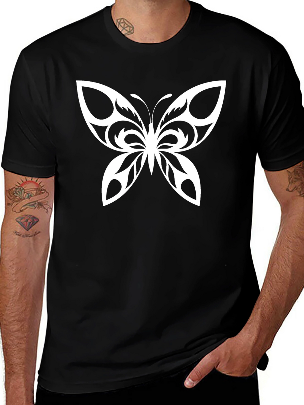 Camiseta Negra con Diseño de Mariposa Blanca
