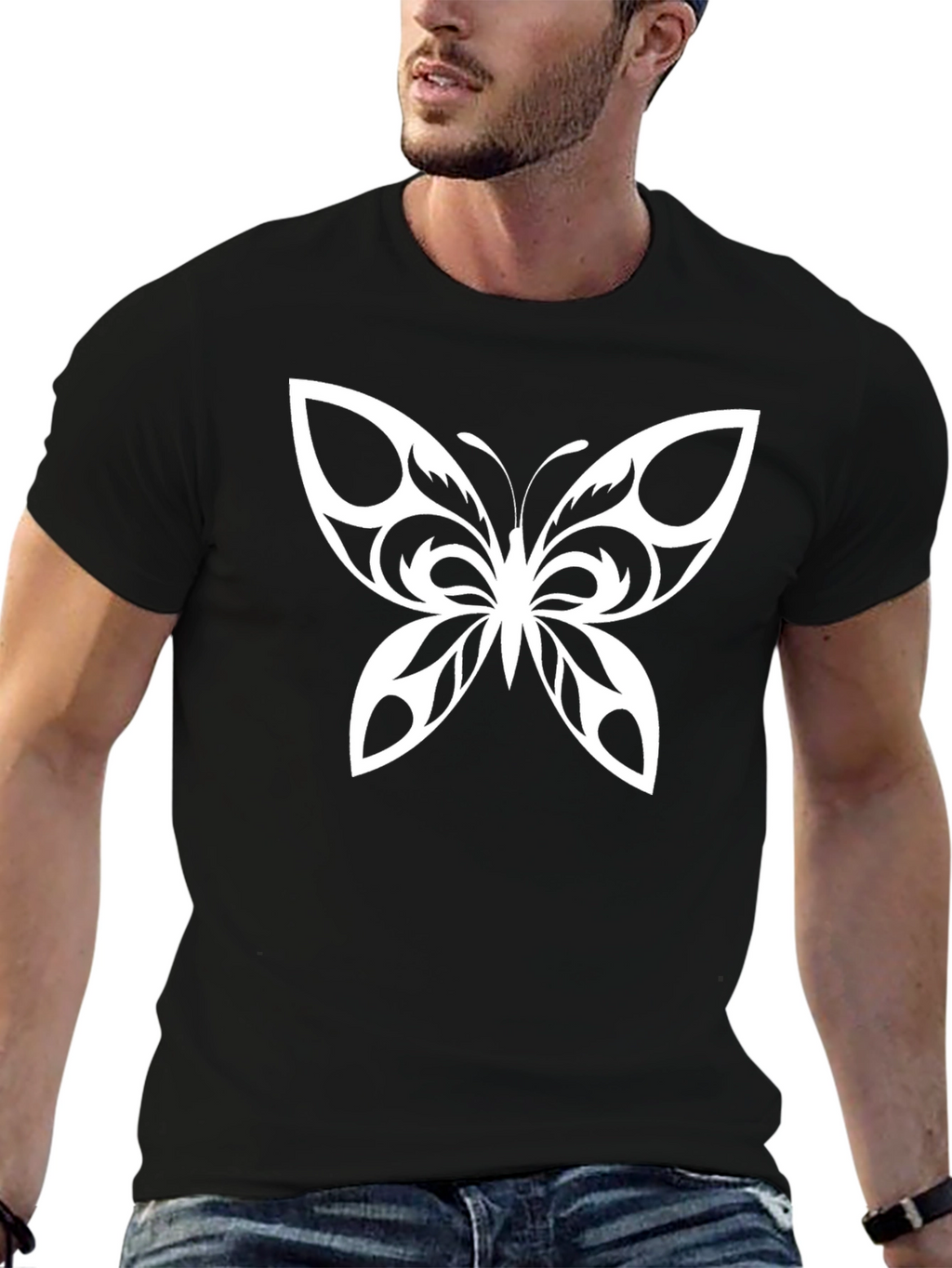Camiseta Negra con Diseño de Mariposa Blanca