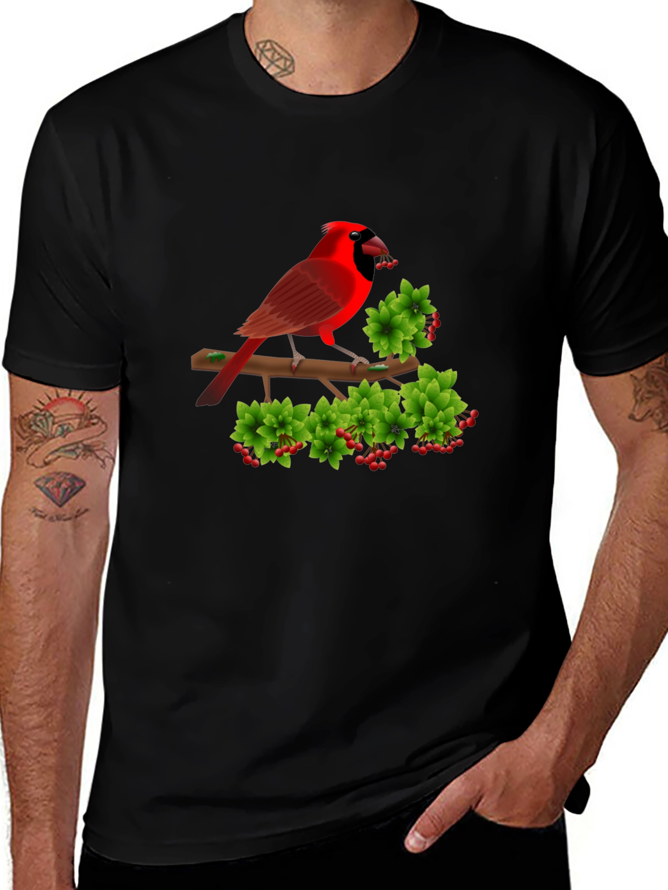 Camiseta Negra con Cardenal Rojo y Bayas