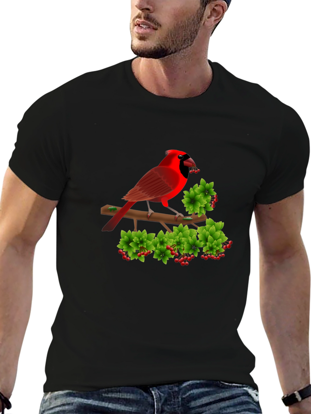 Camiseta Negra con Cardenal Rojo y Bayas