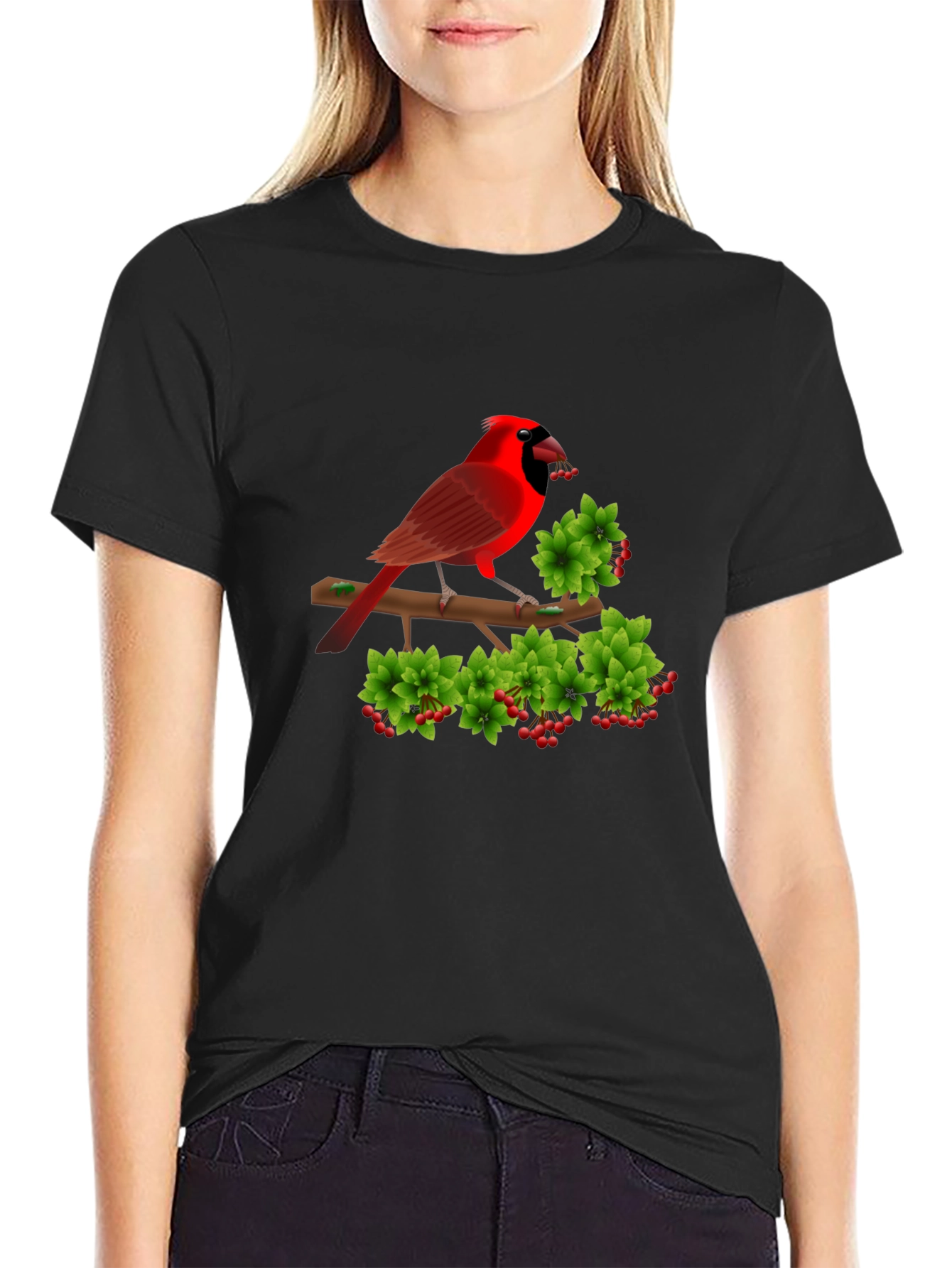 Camiseta Negra con Cardenal Rojo y Bayas