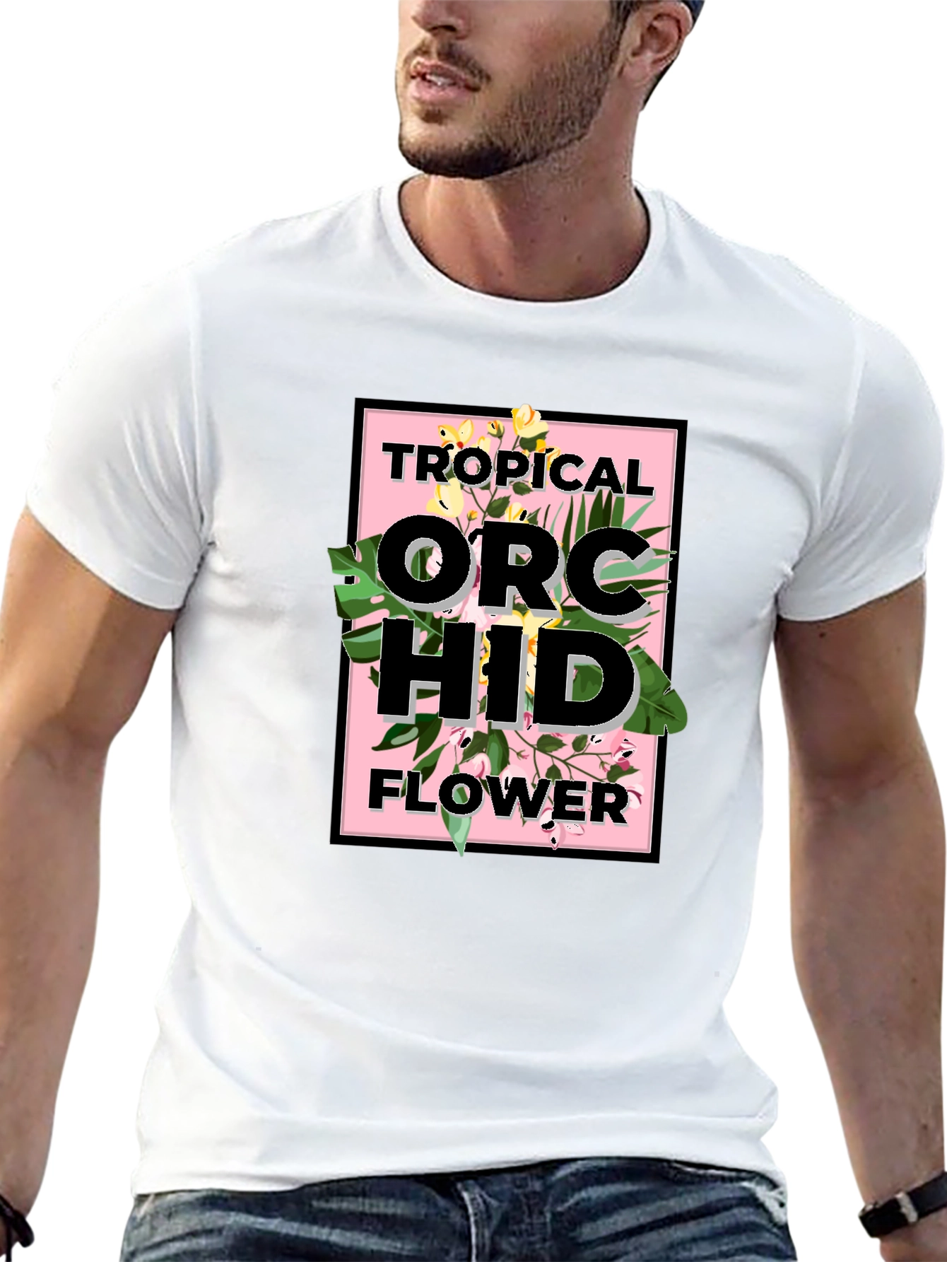 Camiseta Negra con Diseño de Orquídeas Tropicales