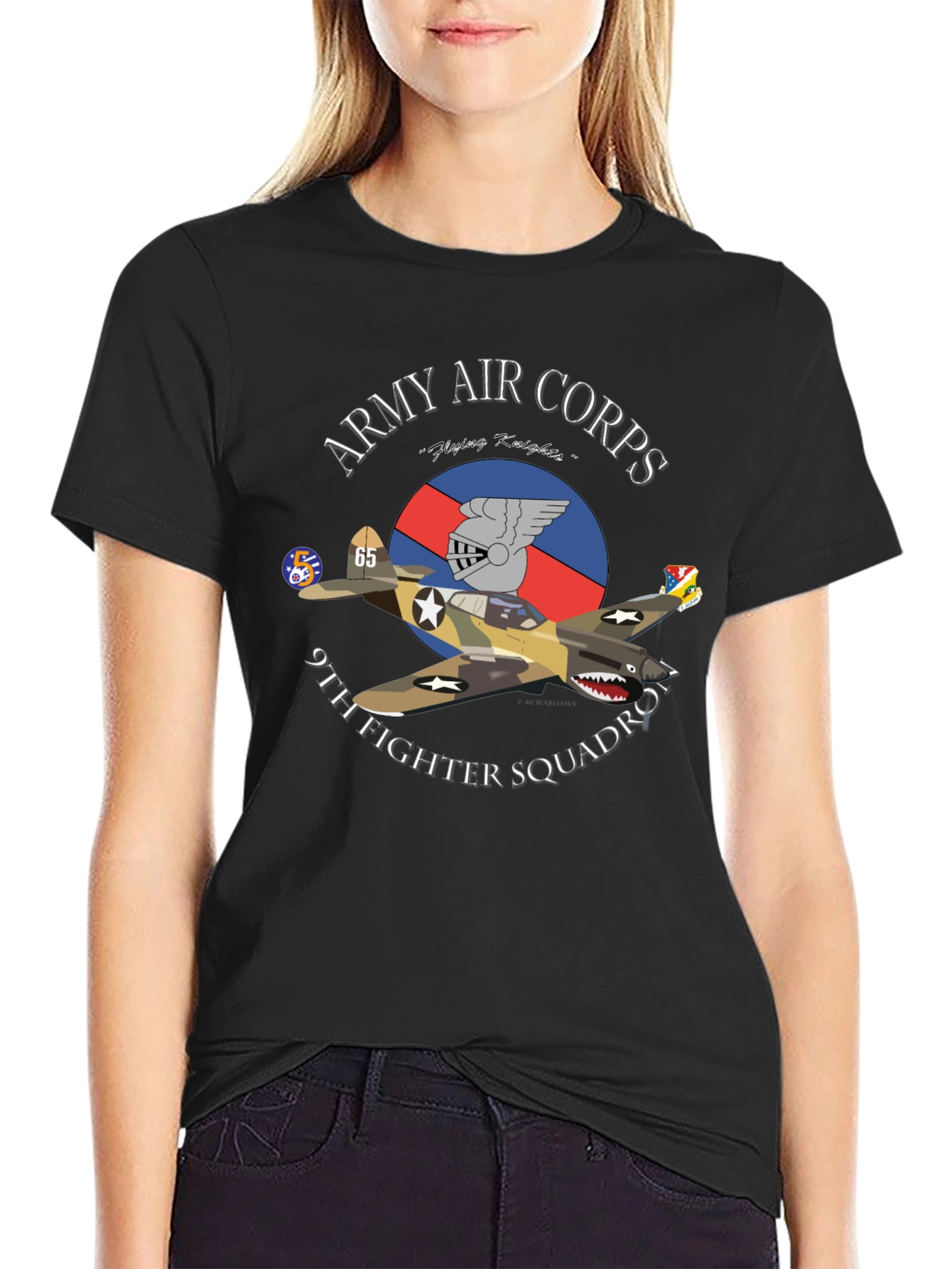 Camiseta Negra con Diseño de Aviación de la 9th Fighter Squadron