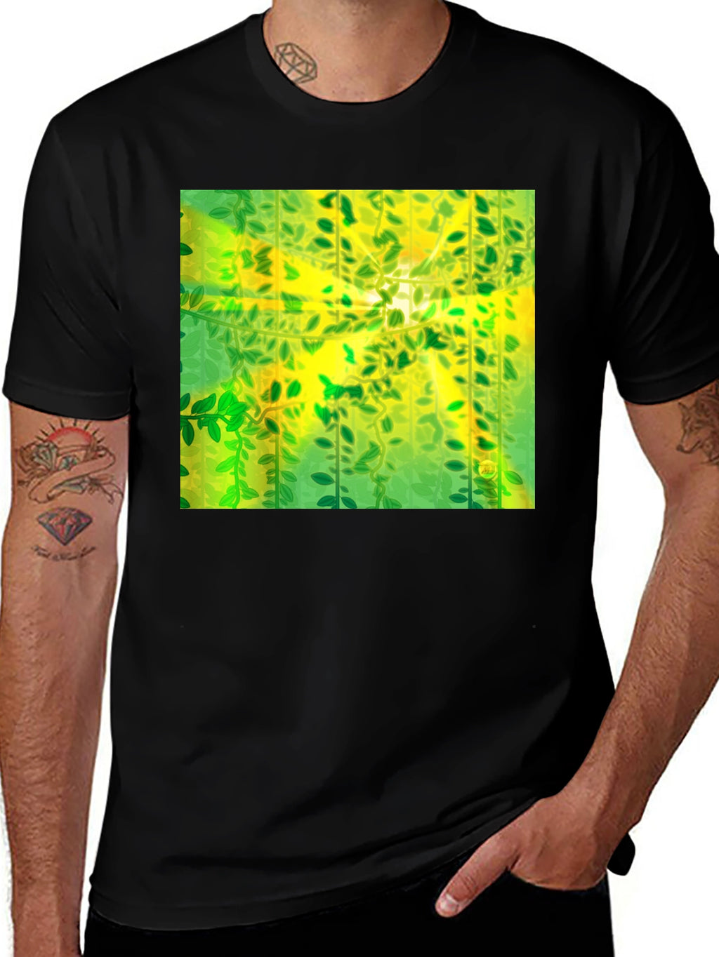 Camiseta Negra con Diseño Abstracto de Naturaleza