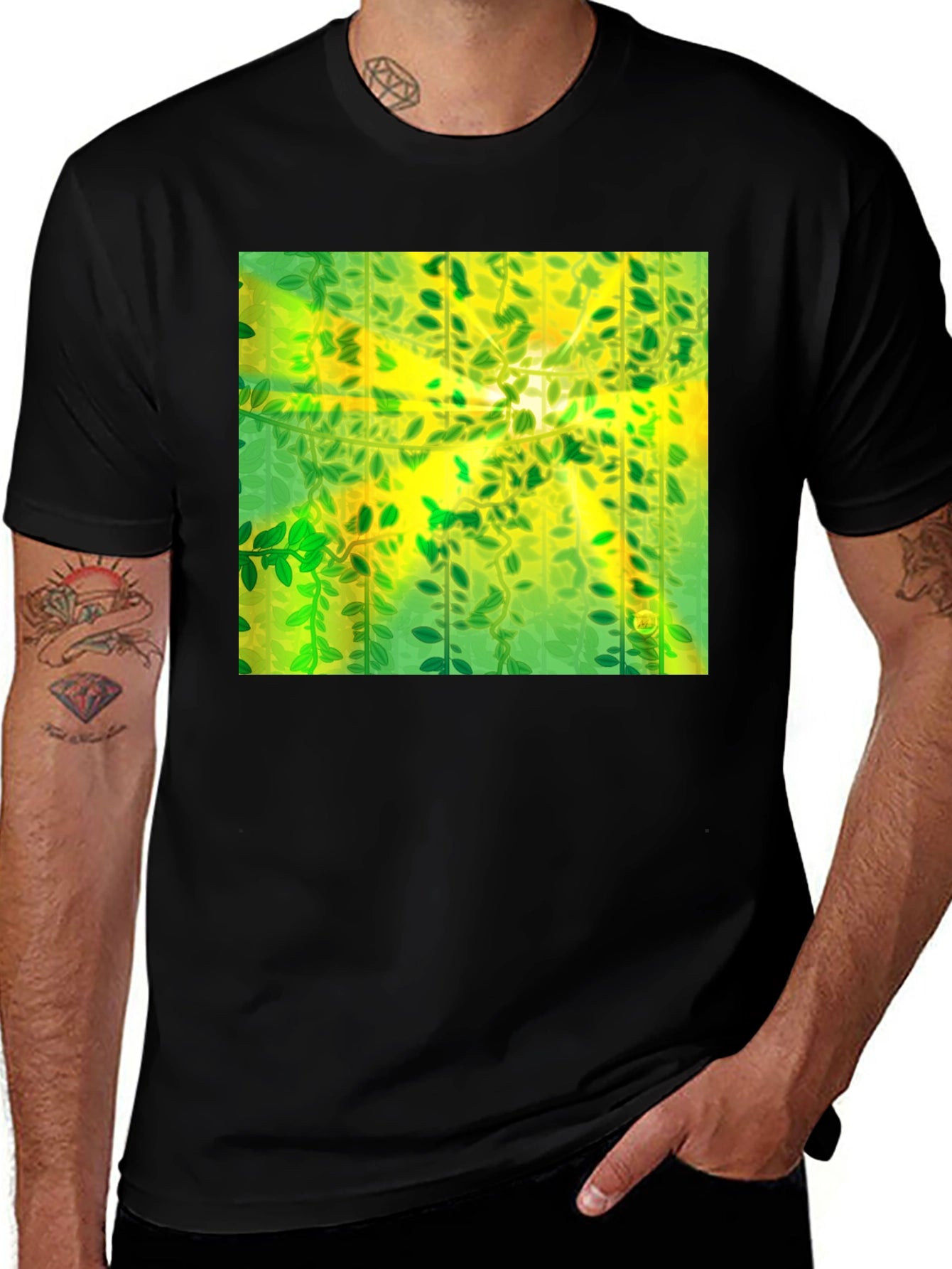 Camiseta Negra con Diseño Abstracto de Naturaleza
