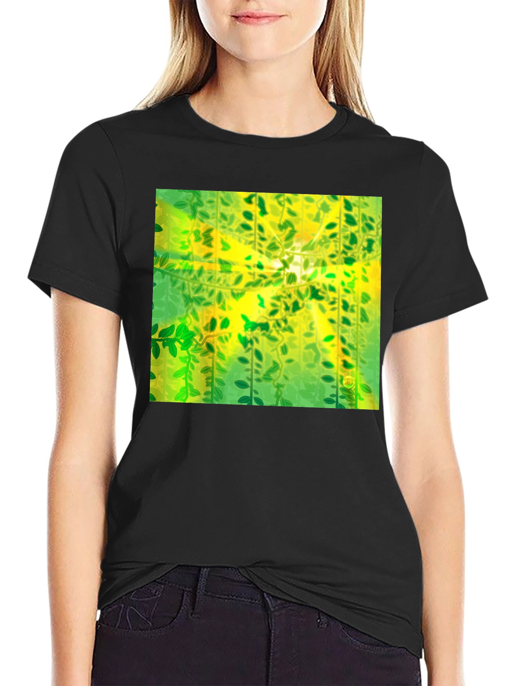 Camiseta Negra con Diseño Abstracto de Naturaleza