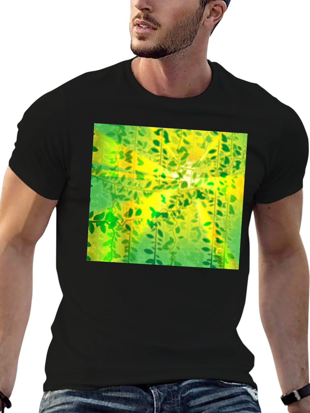 Camiseta Negra con Diseño Abstracto de Naturaleza