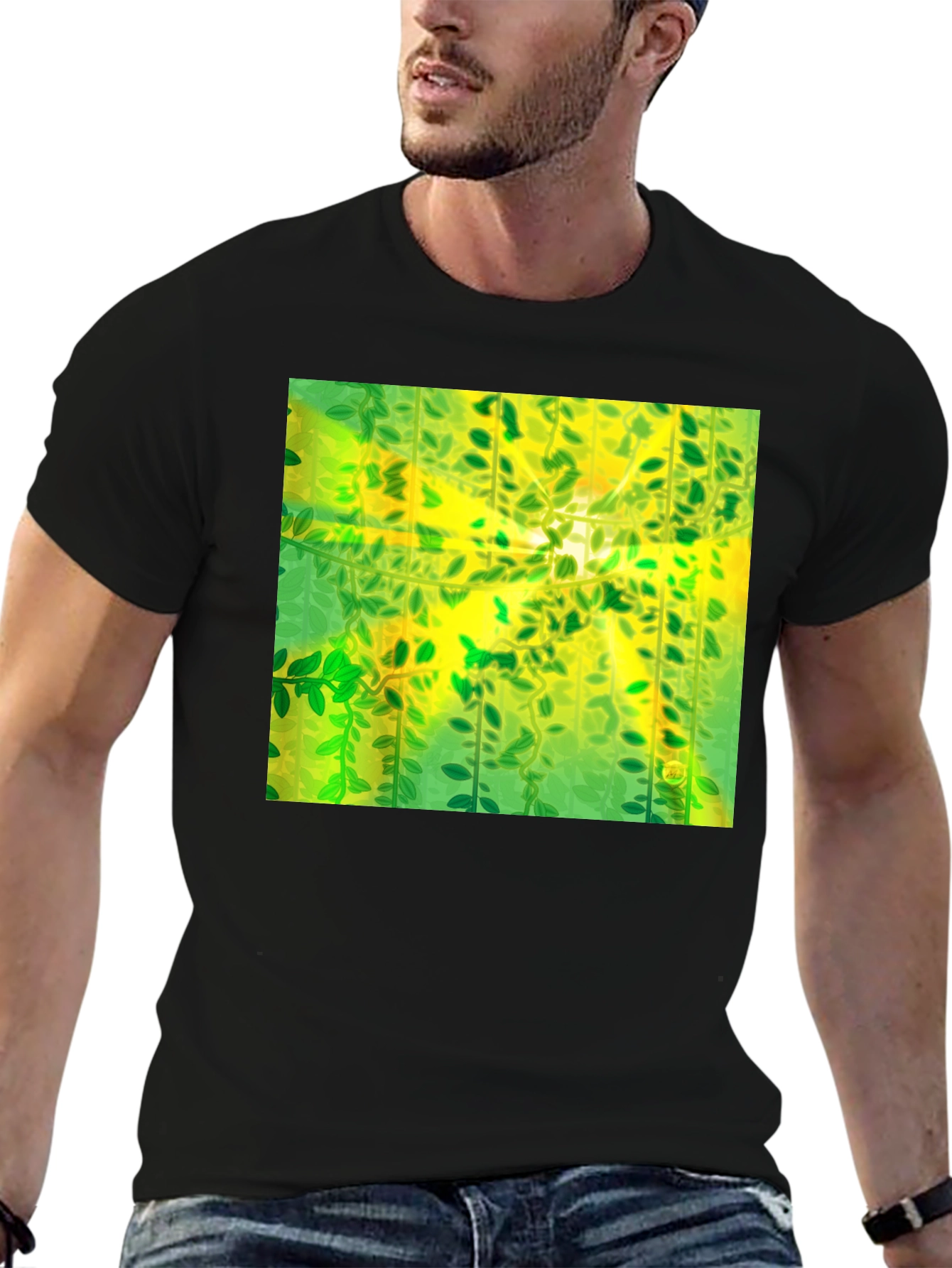 Camiseta Negra con Diseño Abstracto de Naturaleza