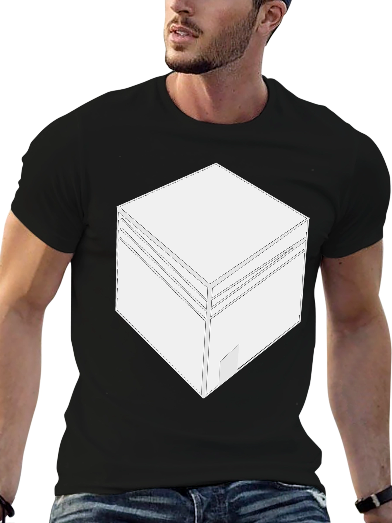 Camiseta Negra con Diseño de Cubo Abstracto