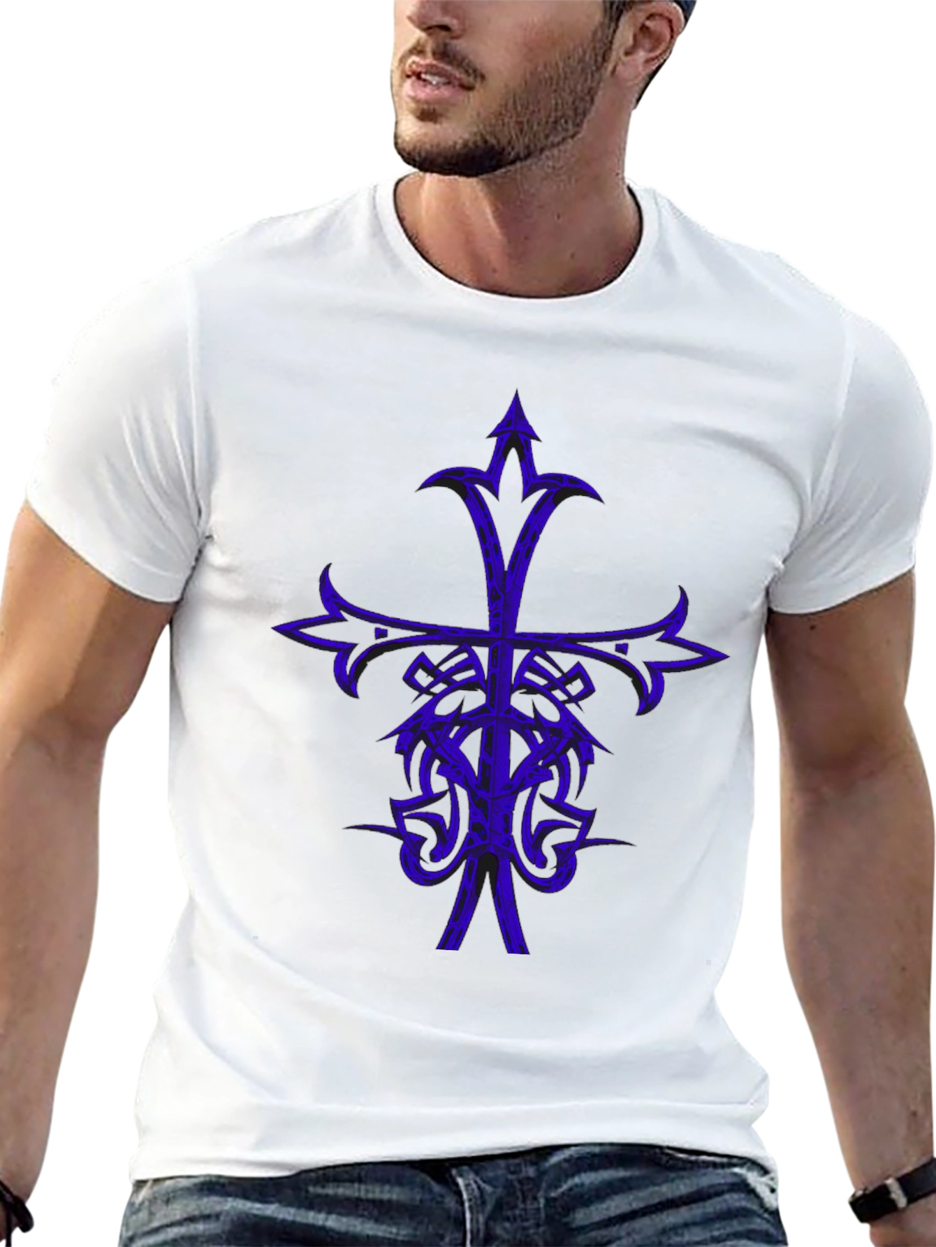 Camiseta Negra con Diseño Cruzado Azul