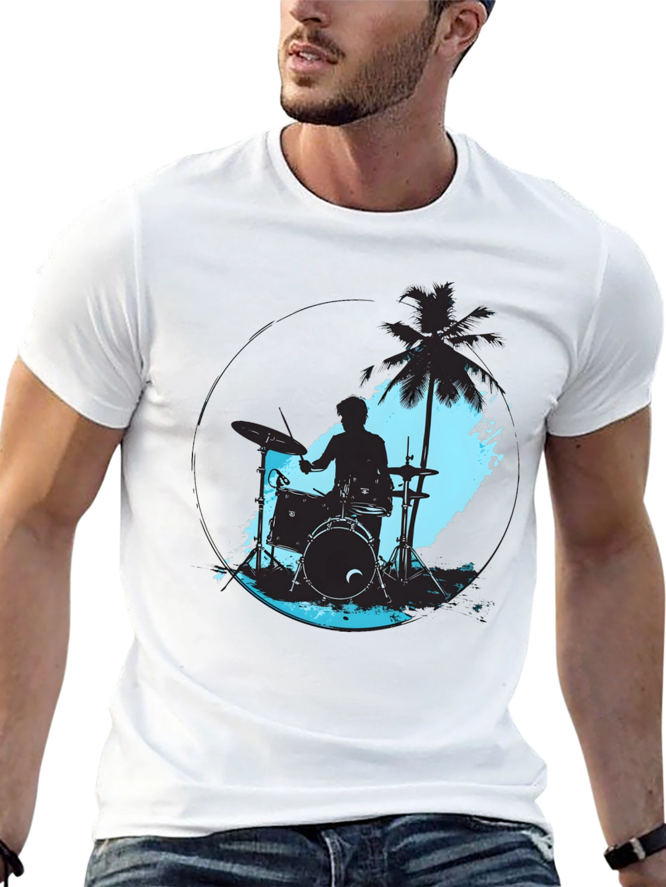 Camiseta Negra con Diseño de Baterista en la Playa
