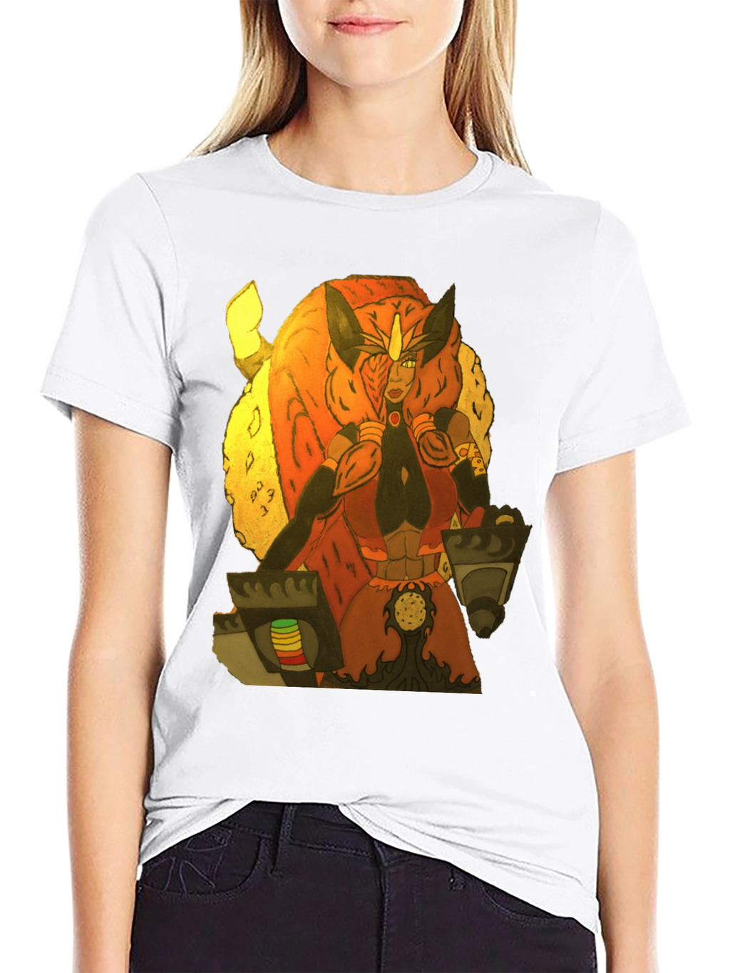 Camiseta Negra con Diseño de Guerrera Fantástica