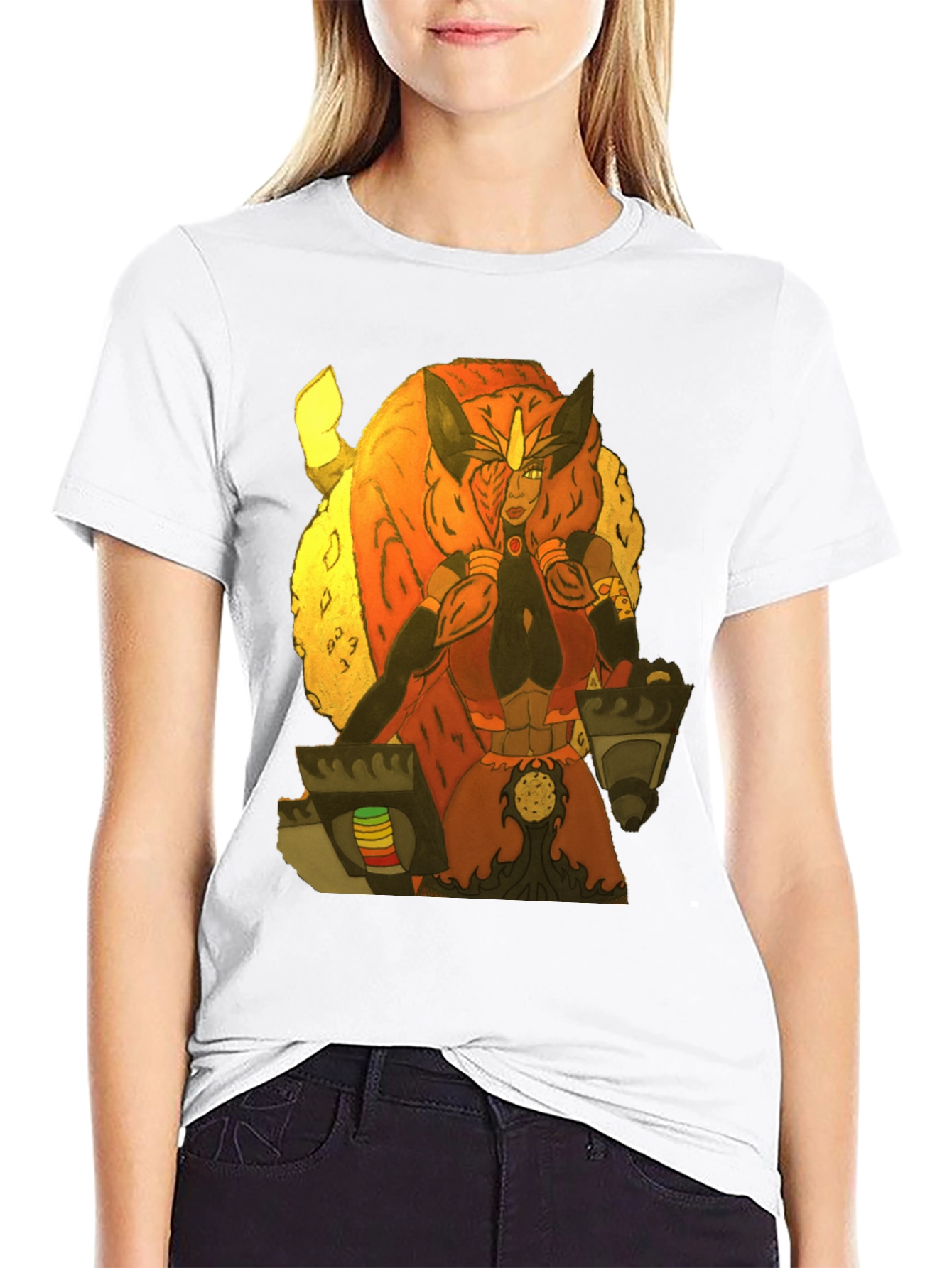 Camiseta Negra con Diseño de Guerrera Fantástica