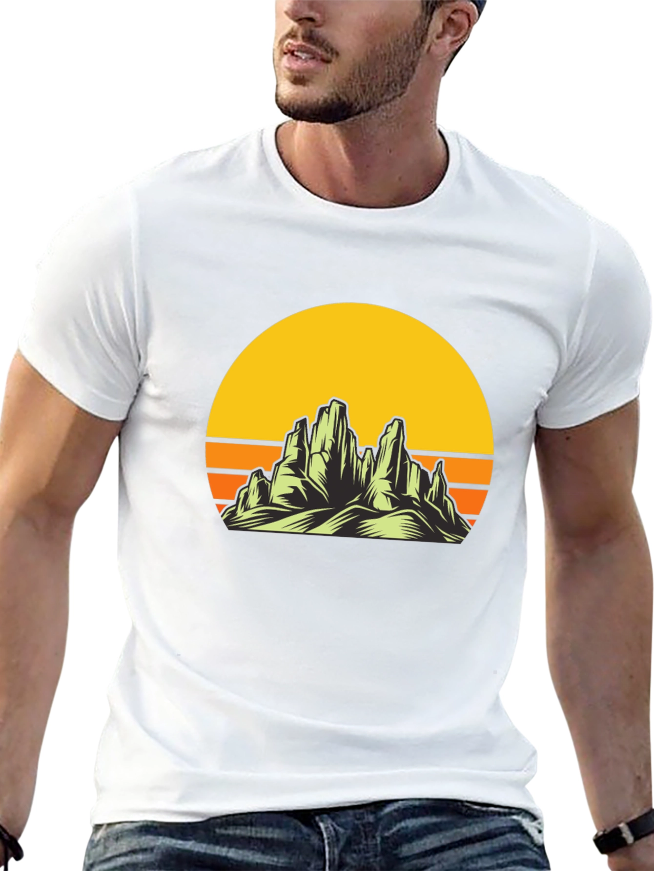Camiseta Negra con Diseño de Montañas y Sol Retro