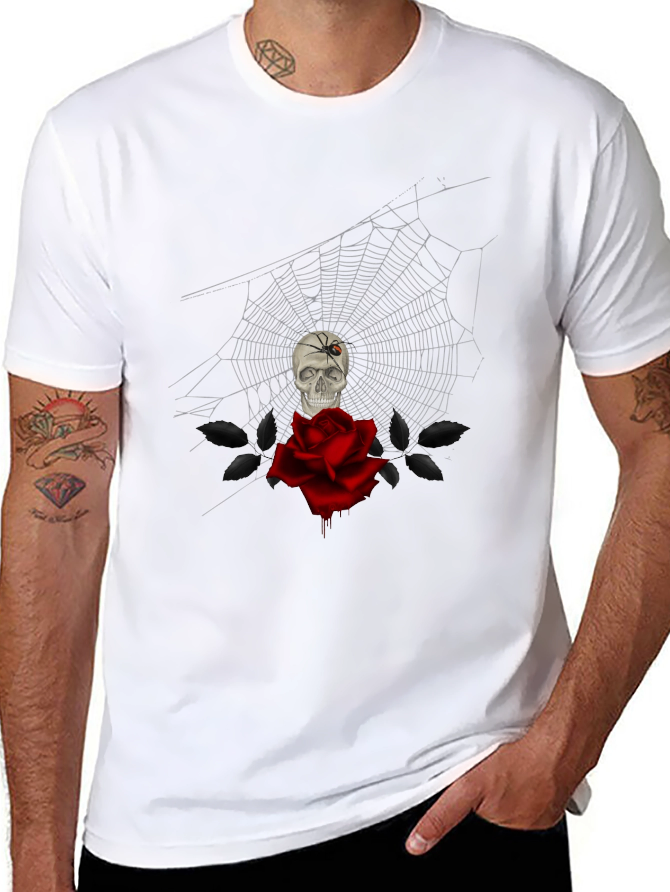 Camiseta Negra Calavera Rosa y Araña