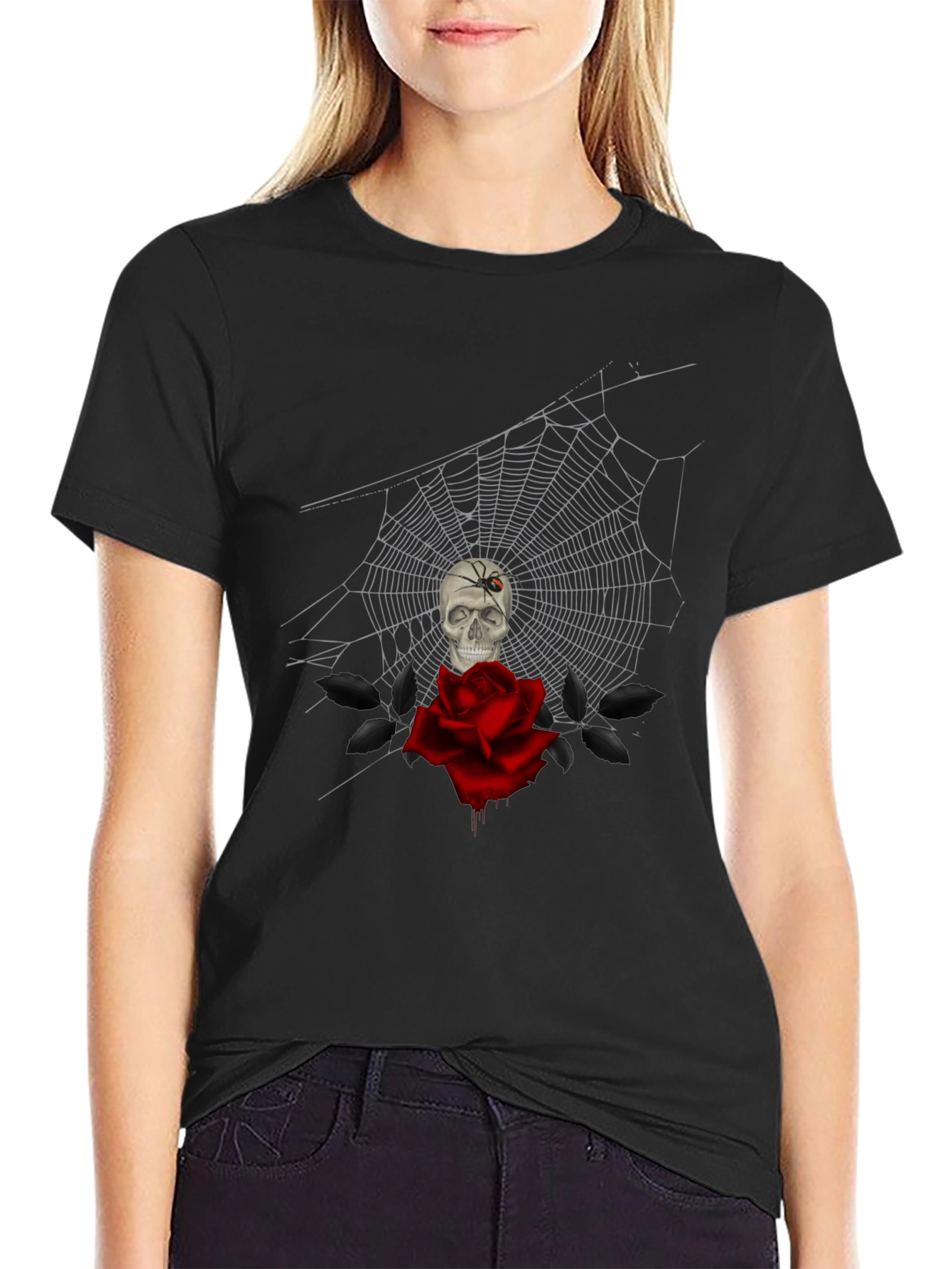 Camiseta Negra Calavera Rosa y Araña