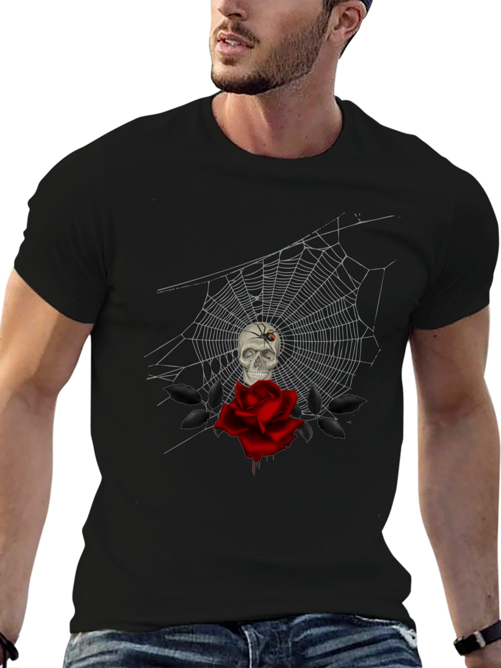 Camiseta Negra Calavera Rosa y Araña