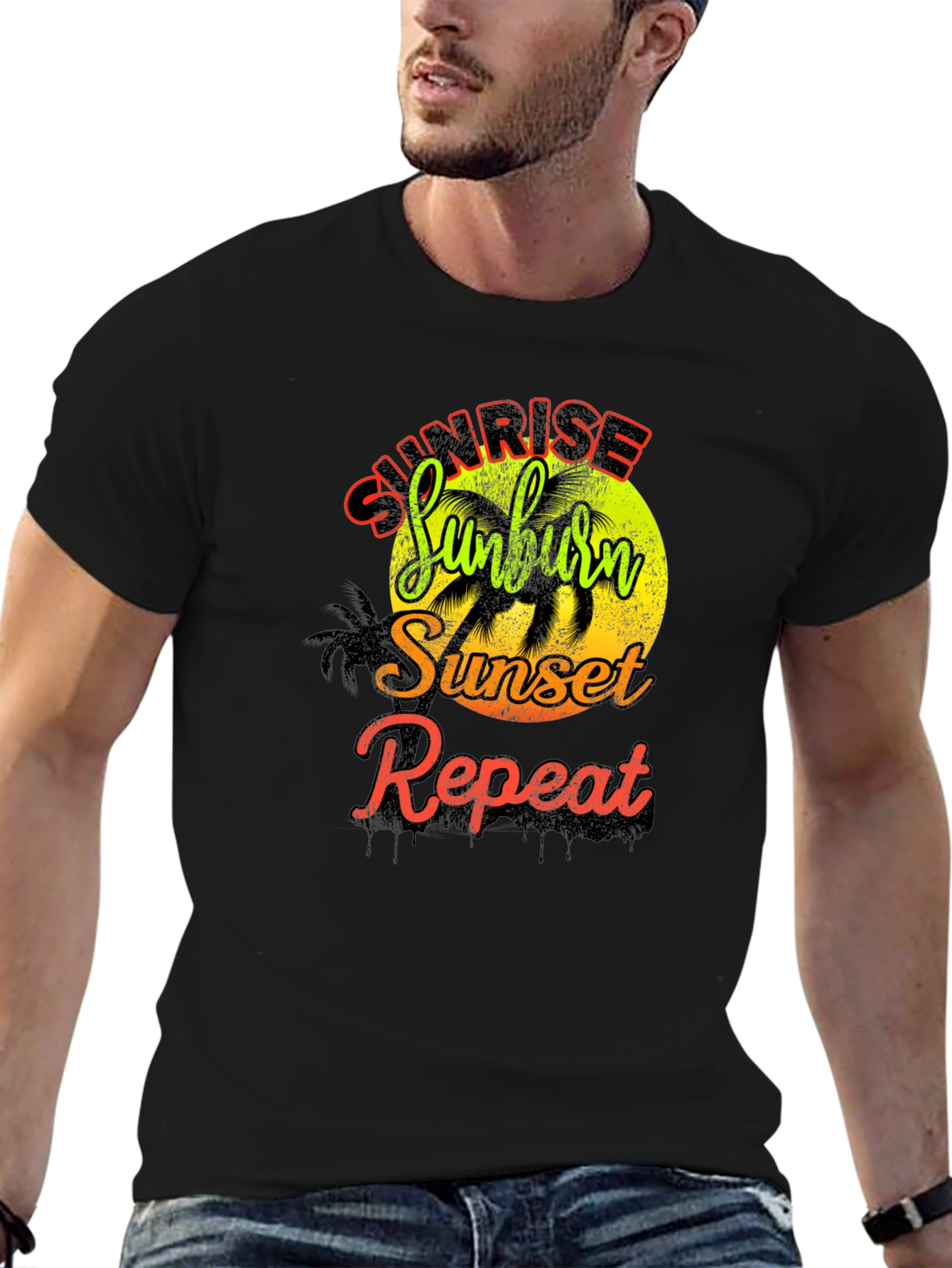 Camiseta Hombre Sunrise Sunburn Sunset Repeat Negra