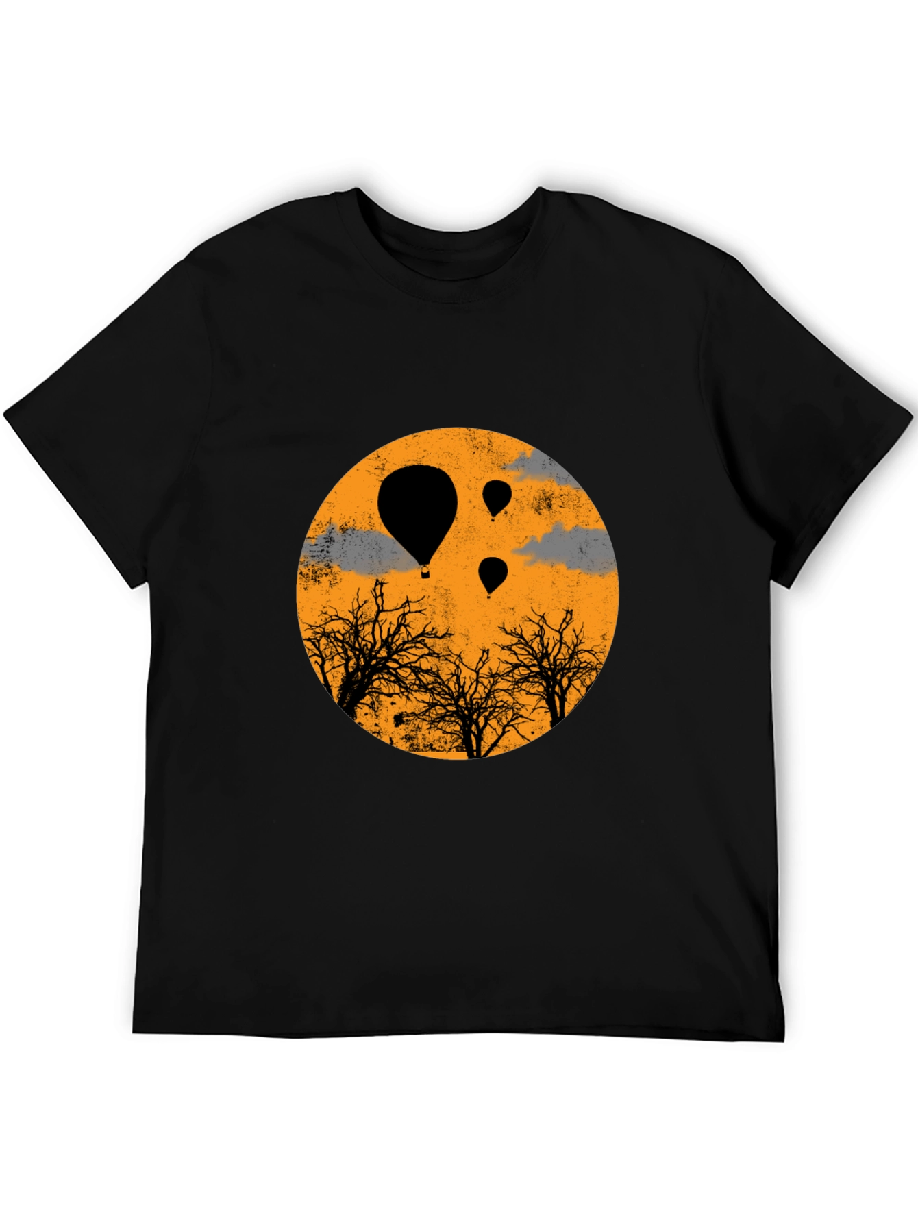 Camiseta Negra con Diseño de Globos Aerostáticos Naranja