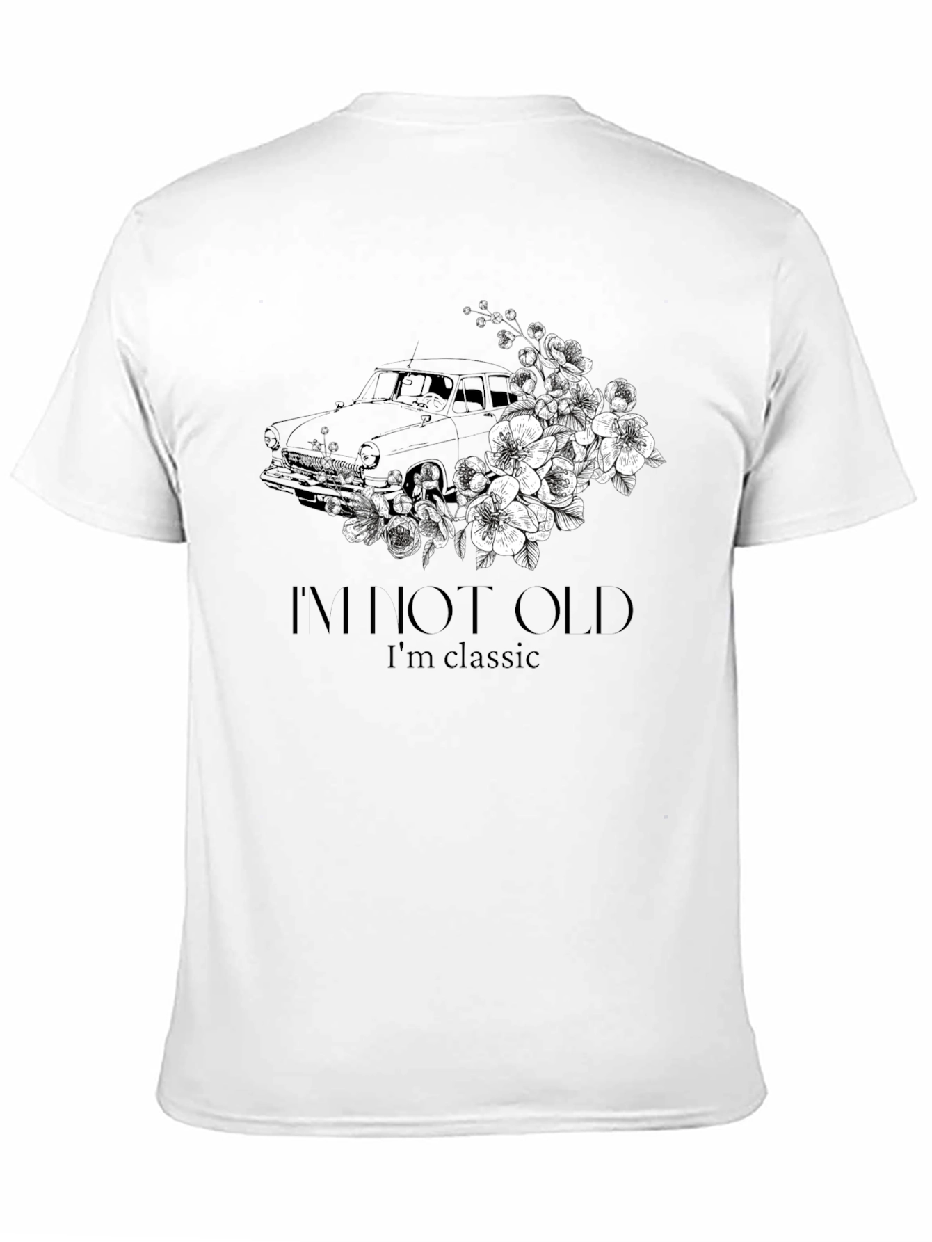 Camiseta Negra Clásica - Diseño de Coche Antiguo Floral