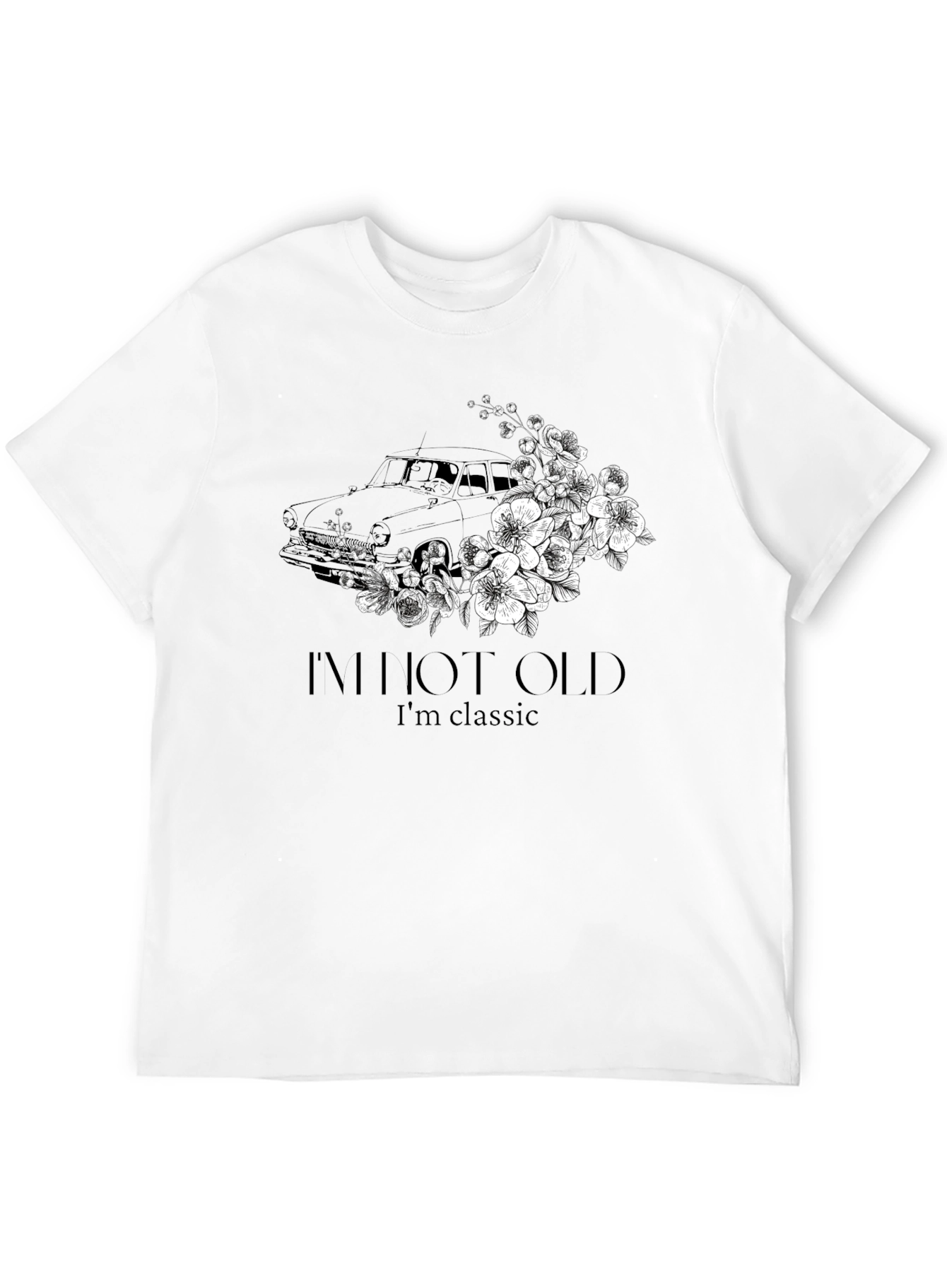 Camiseta Negra Clásica - Diseño de Coche Antiguo Floral