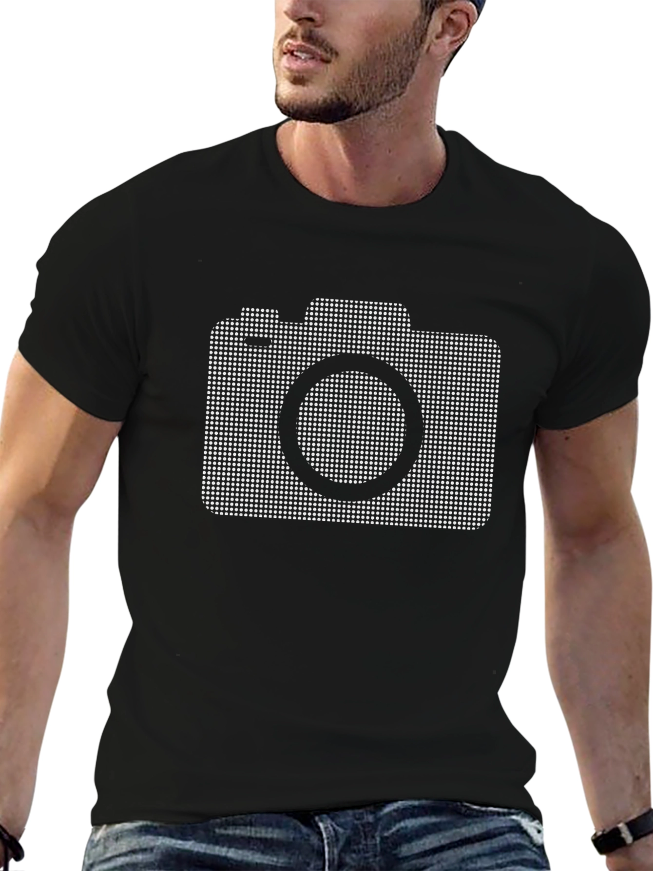 Camiseta Negra con Diseño de Cámara Fotográfica